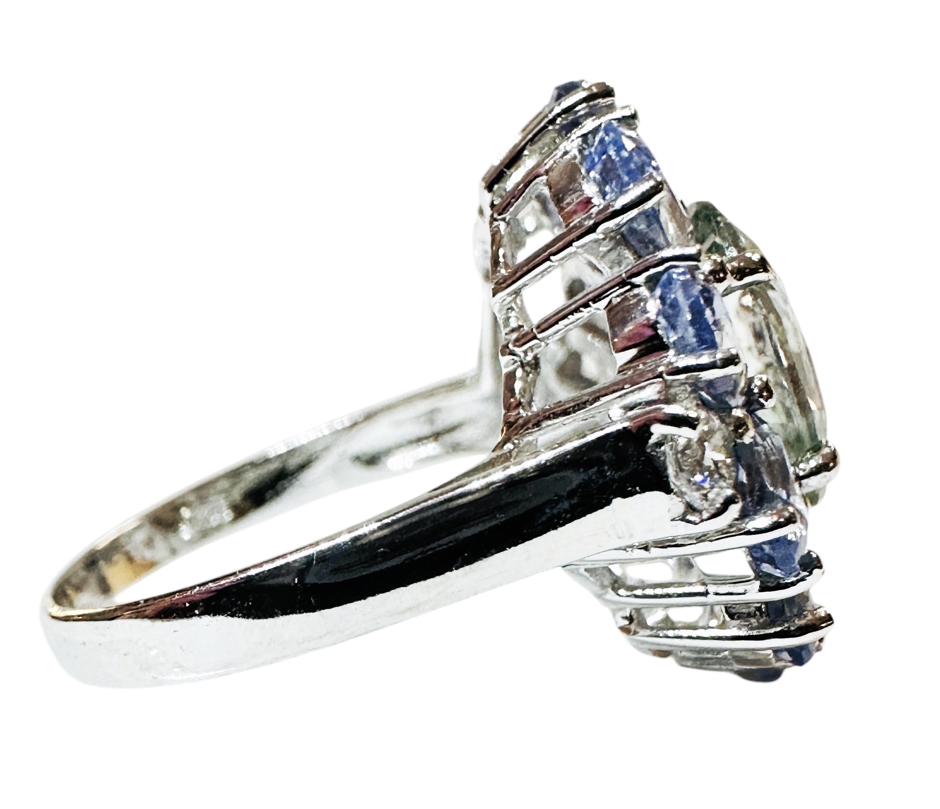 Oval Cut New Sri Lanka 13-Stone  8 Ct Pale Green & Cornflower Blue Sapphire Sterling Ring