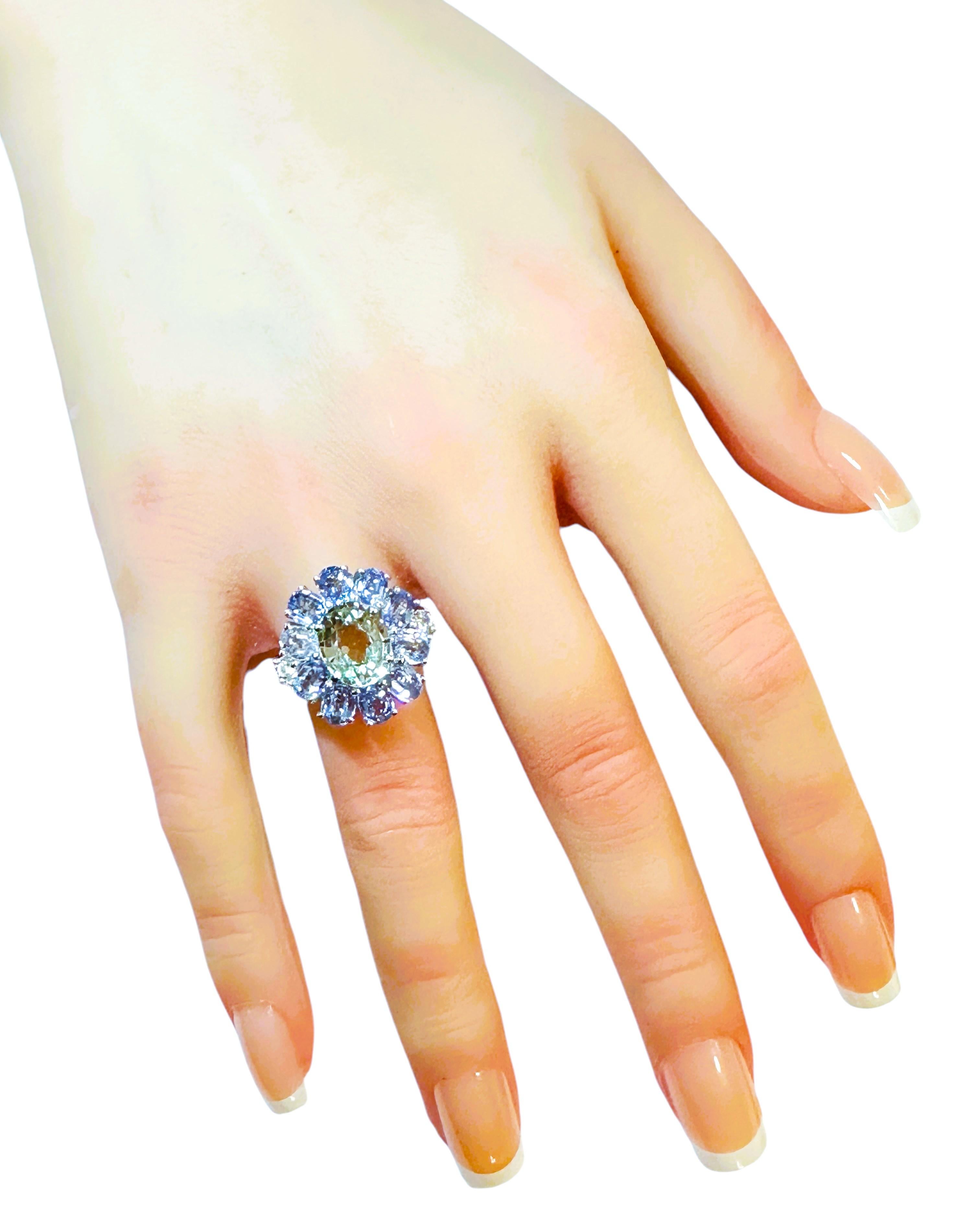 New Sri Lanka 13-Stone  8 Ct Pale Green & Cornflower Blue Sapphire Sterling Ring In New Condition In Eagan, MN
