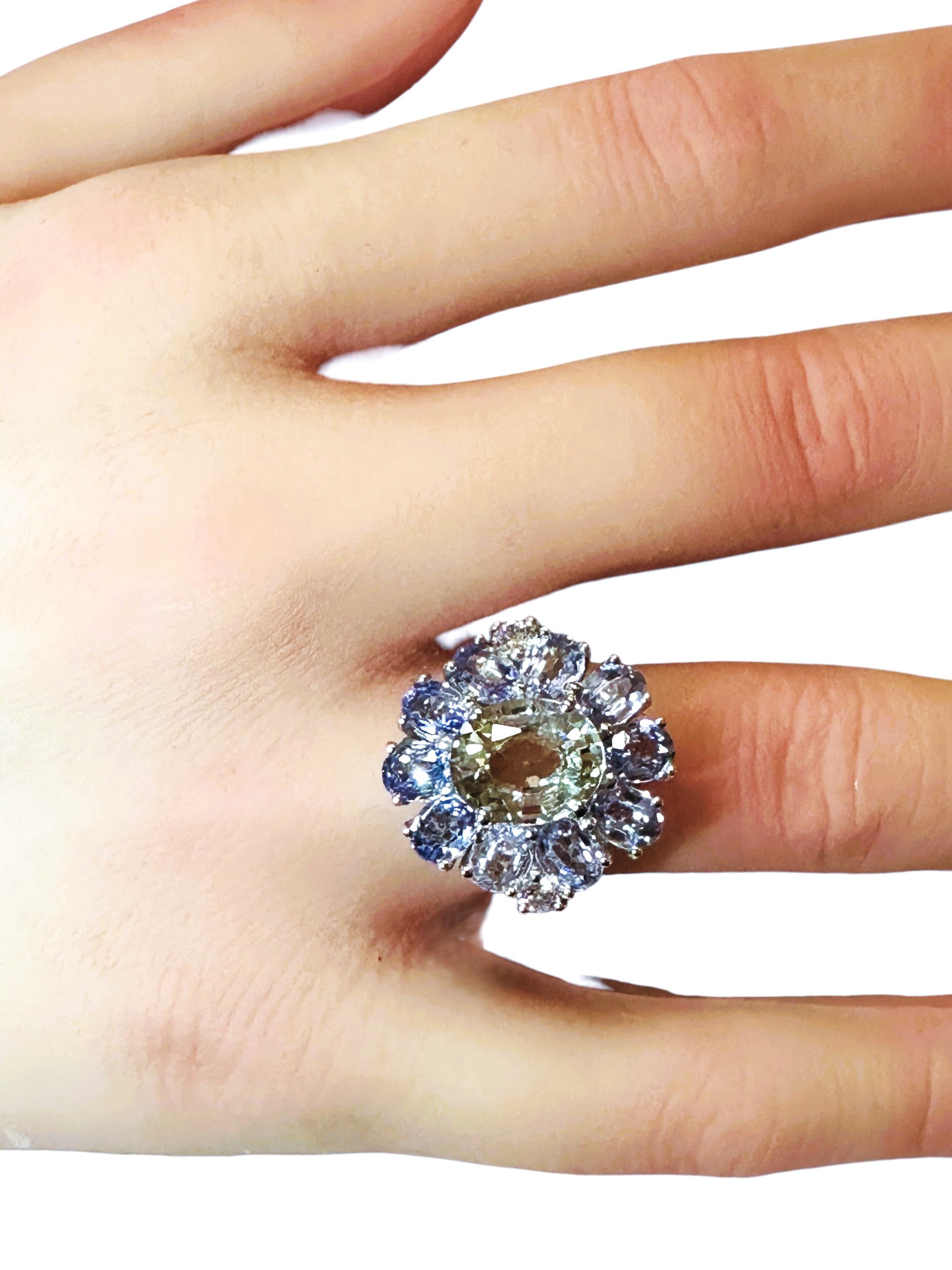 Women's New Sri Lanka 13-Stone  8 Ct Pale Green & Cornflower Blue Sapphire Sterling Ring