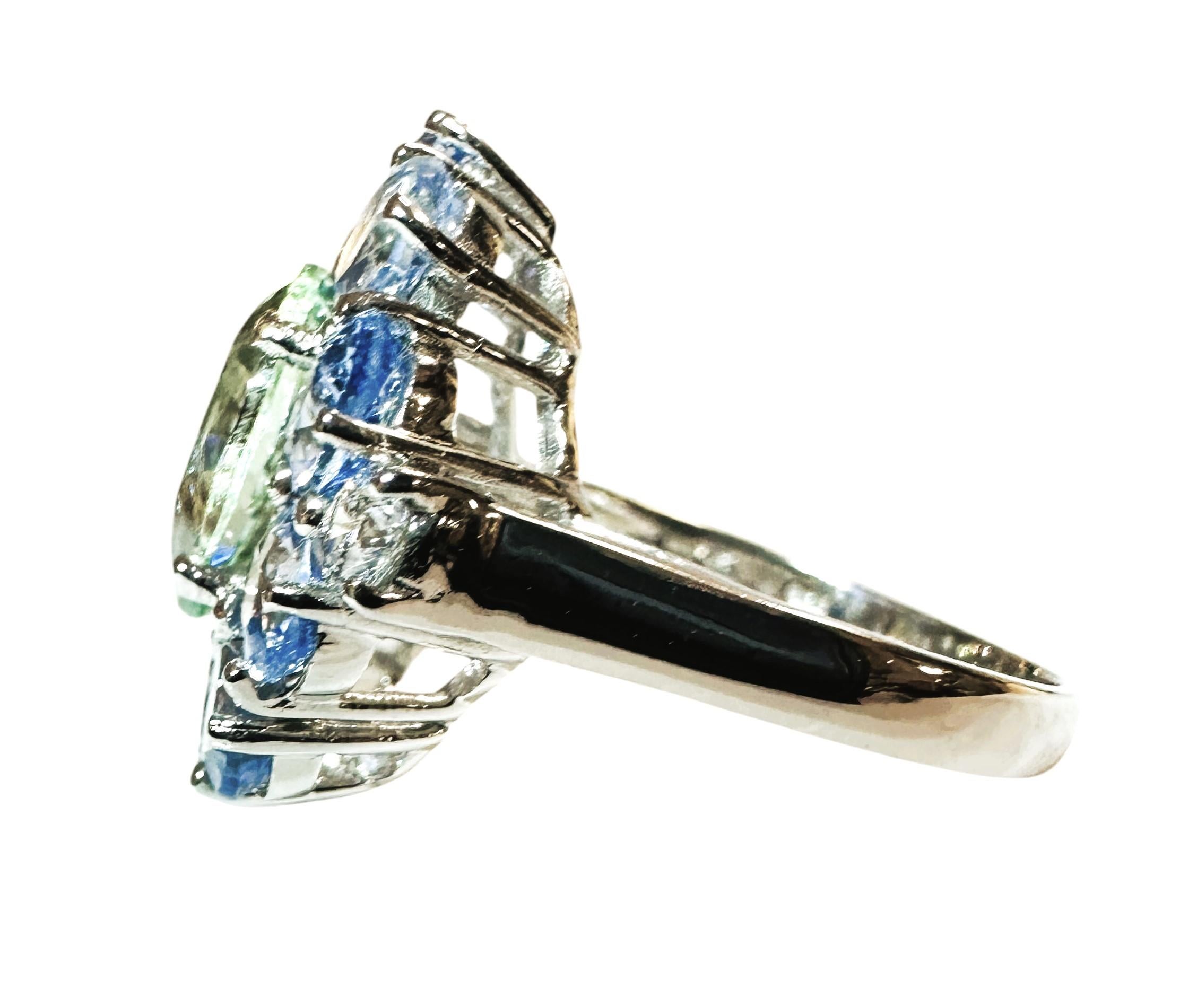 New Sri Lanka 13-Stone  8 Ct Pale Green & Cornflower Blue Sapphire Sterling Ring 1