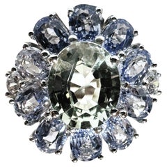 New Sri Lanka 13-Stone 8 Ct Pale Green & Cornflower Blue Sapphire Sterling Ring