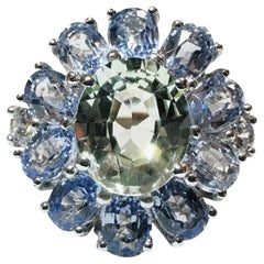 New Sri Lanka 13 Stone  8 Ct Pale Green & Cornflower Blue Sapphire Sterling Ring