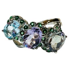 New Sri Lanka 3-Stone 2.10 Ct Aquamarine, Sapphire & Tsavorite Sterling Ring