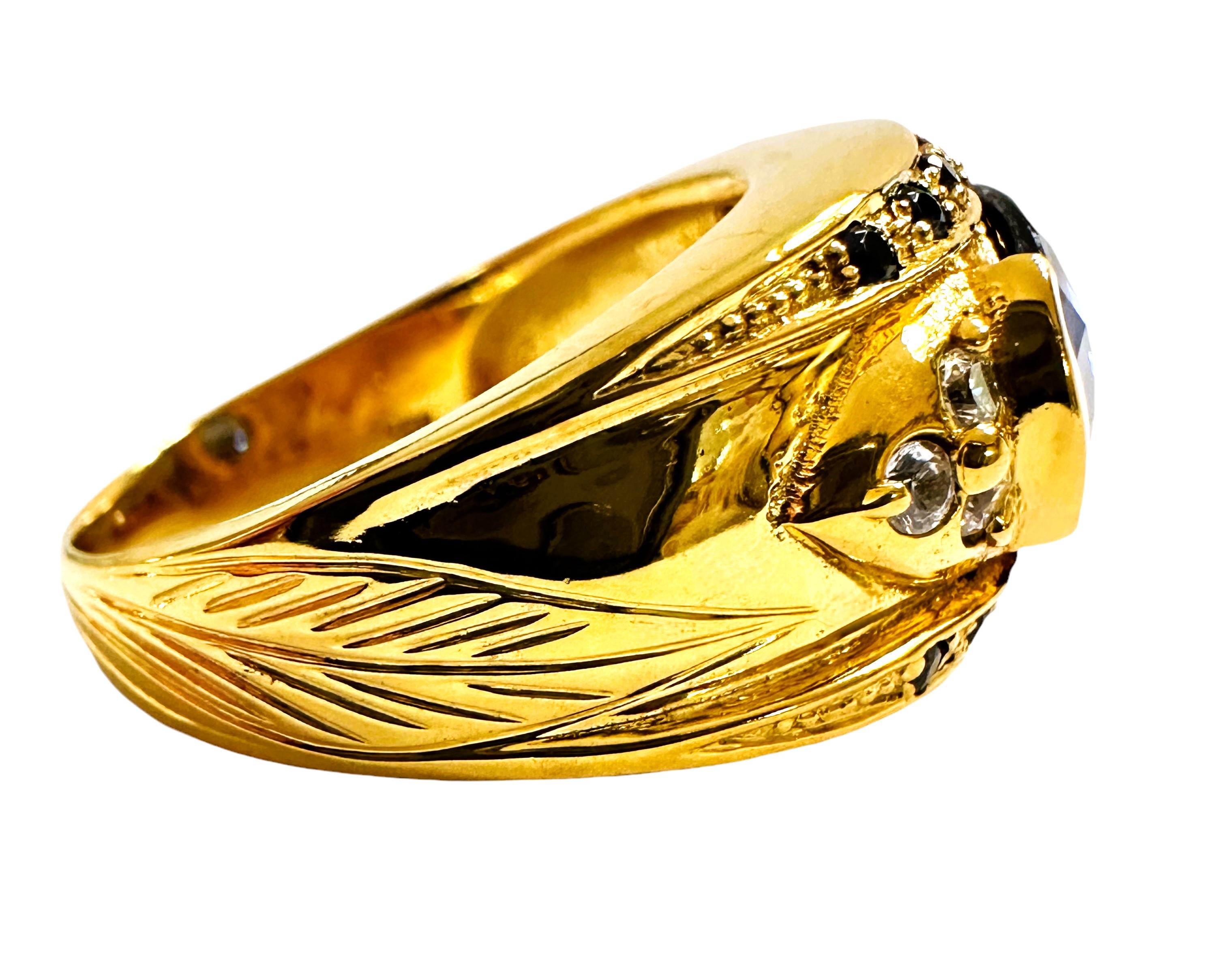 Neuer Sri Lanka 4,70 Karat Dunkelblauer & Weißer Saphir Y vergoldeter Sterling-Ring (Smaragdschliff)