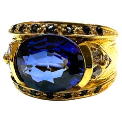 New Sri Lanka 4.70 Ct Dark Blue & White Sapphire YGold Plated Sterling Ring