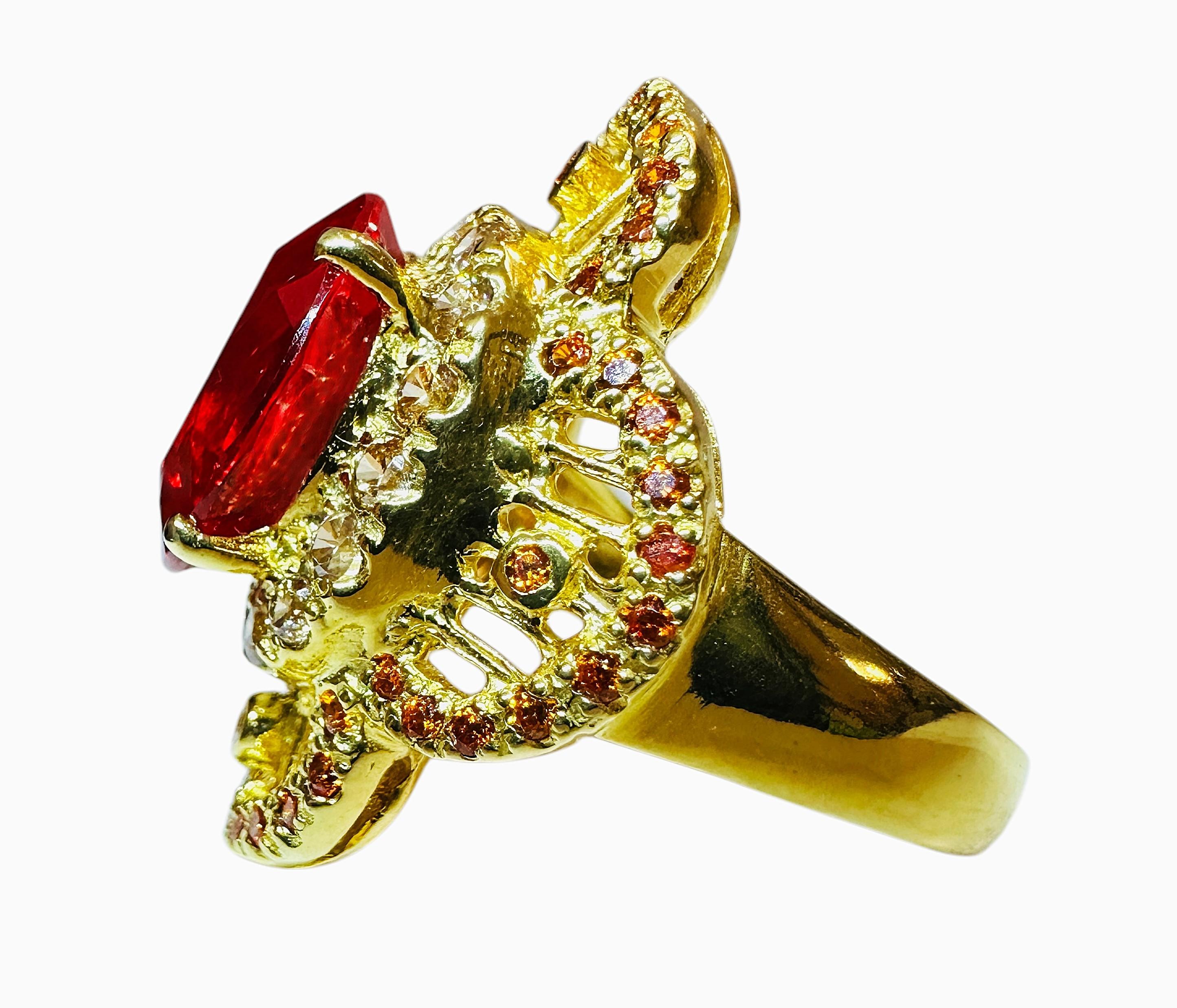 Neuer SriLanka Gelbgold-Ring, SriLanka 5.8 Karat Padparadscha & Diamantschliff Saphir Gelbgold (Art déco)