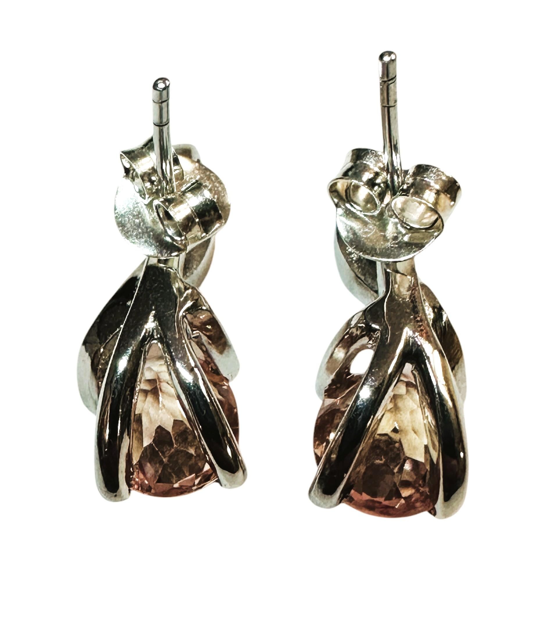 Art Deco New 5.8 Carat Salmon Pink & Diamond Cut Orange Sapphire Sterling Post Earring For Sale