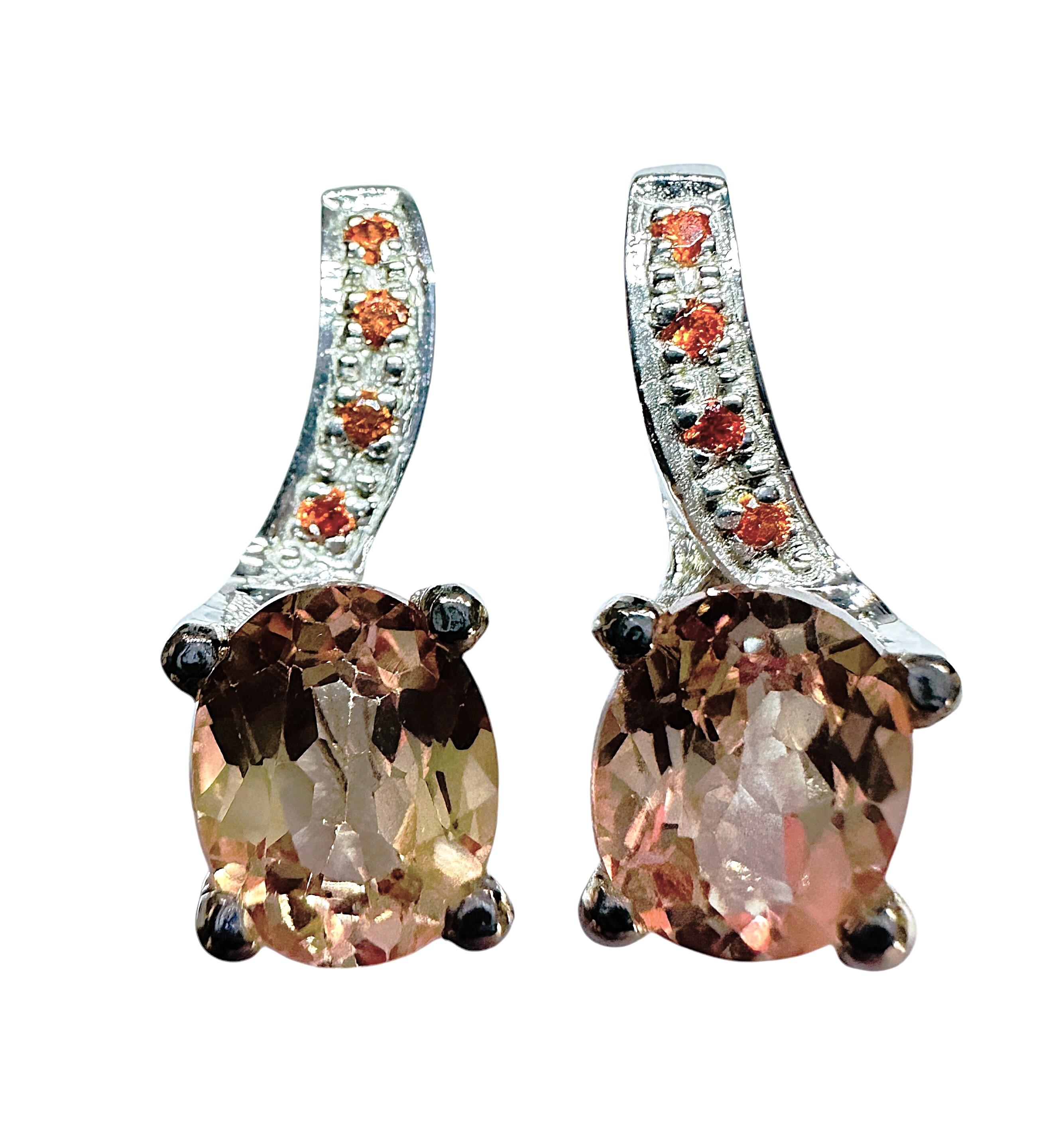 Oval Cut New 5.8 Carat Salmon Pink & Diamond Cut Orange Sapphire Sterling Post Earring For Sale