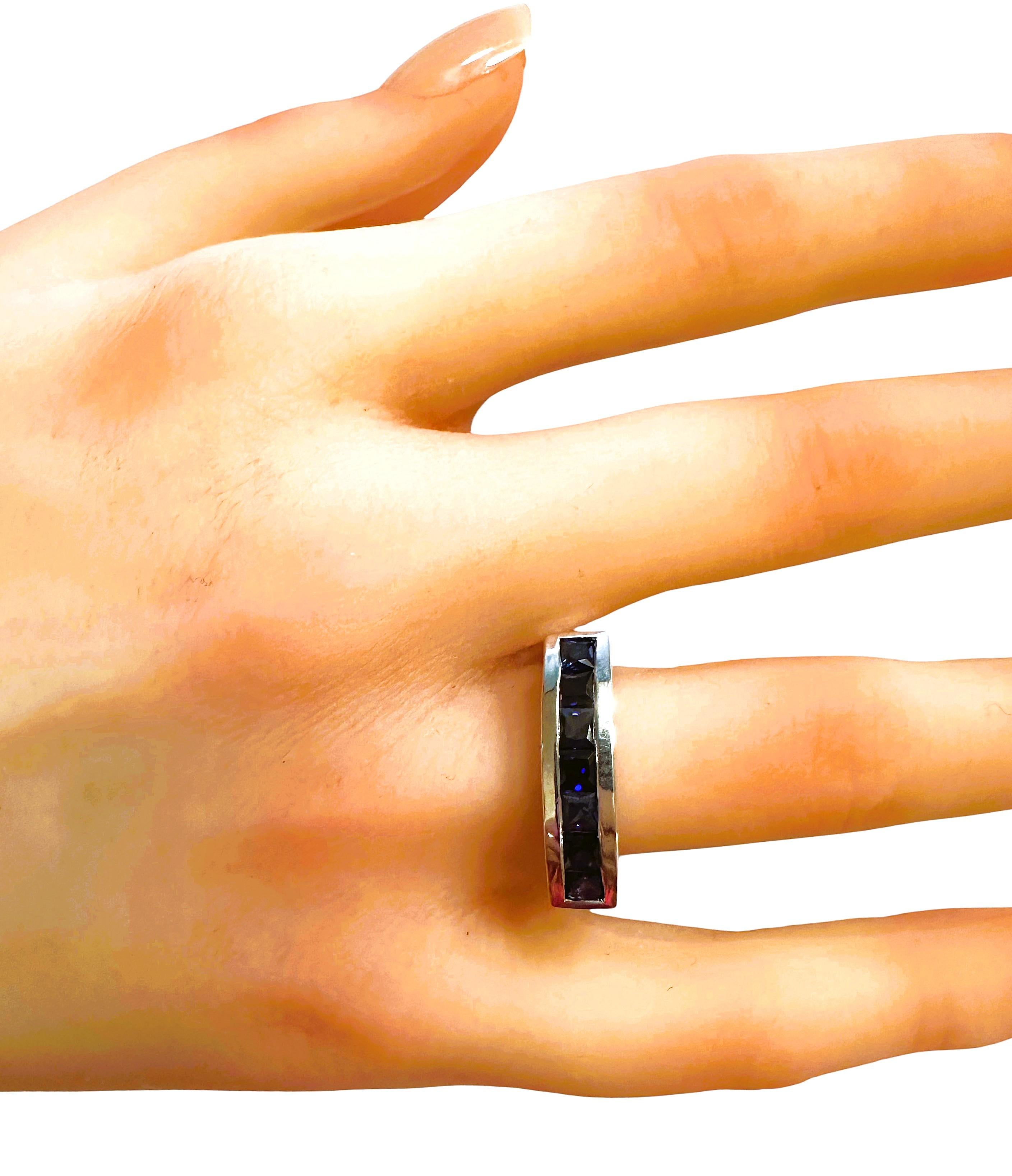 Art déco New Sri Lanka 7-Stone 2.1 Ct Princesse Cut Blue Sapphire Sterling Ring