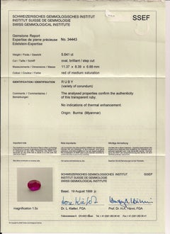 New SSEF Cert 5.641 CT Unheated Burma Mogok Clean Pigeon Red Ruby Diamond Ring