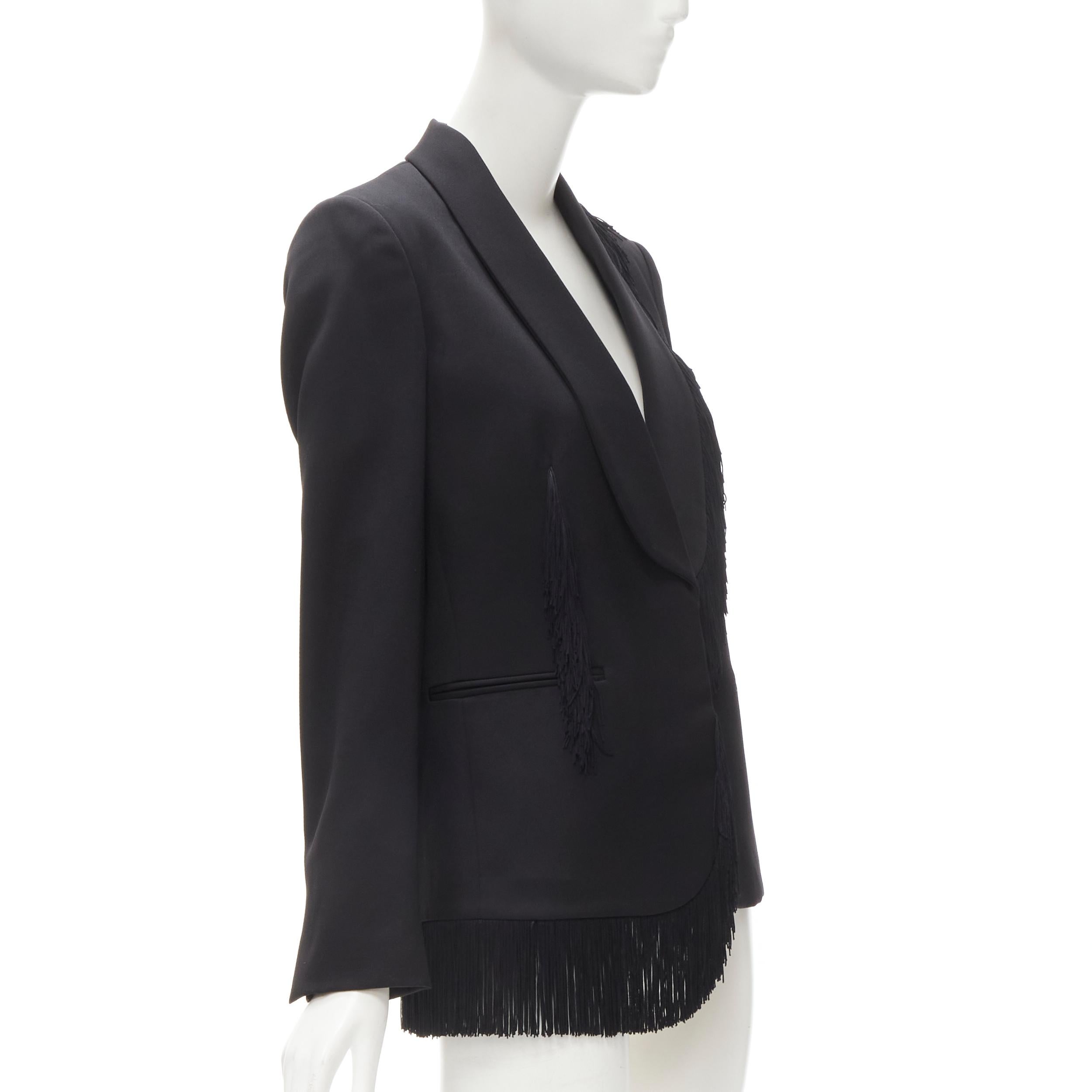 Black new STELLA MCCARTNEY black wool fringe trim shawl collar blazer jacket IT38 XS