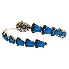 New Sterling 5.5 Carat Blue Opal & Diamond Cut Spinel Cobra Bracelet