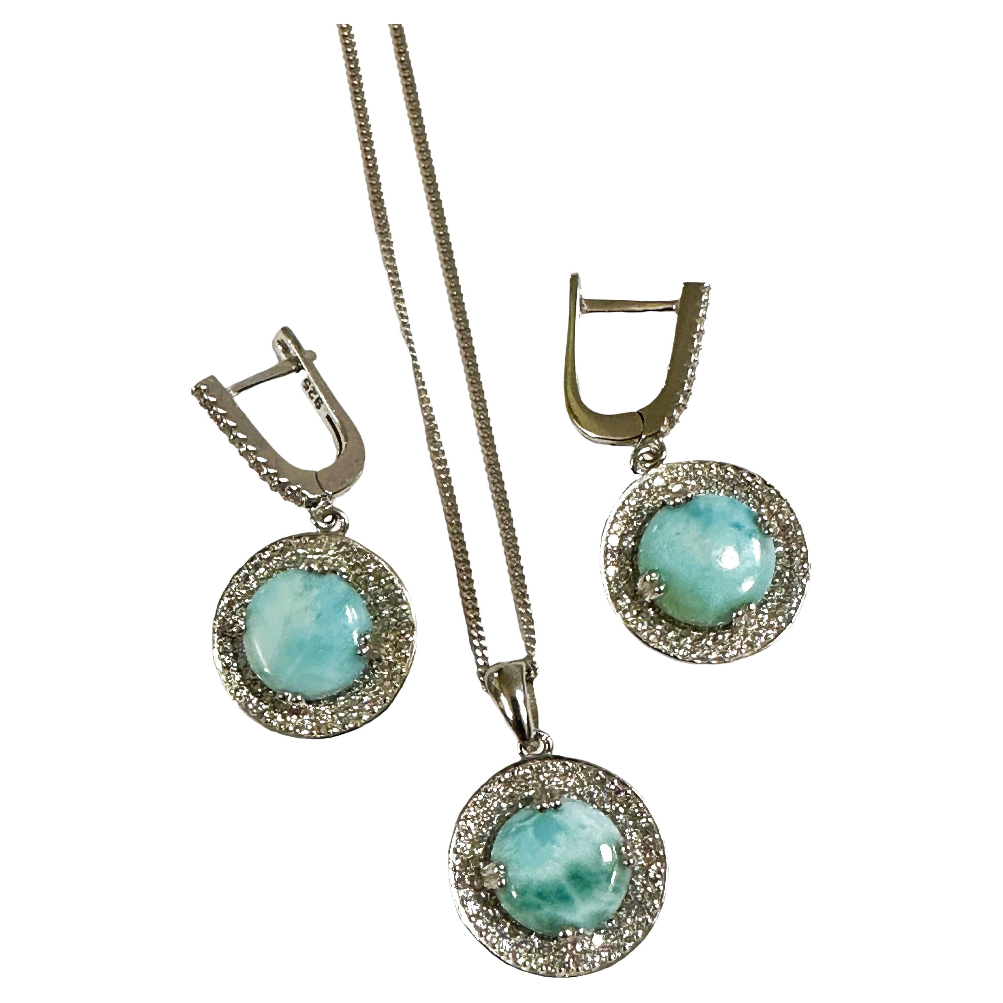 New Sterling Dominican Larimar Necklace and Earrings set For Sale