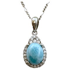 New Sterling Dominican Larimar & White CZ Necklace W Sterling Chain from Italy