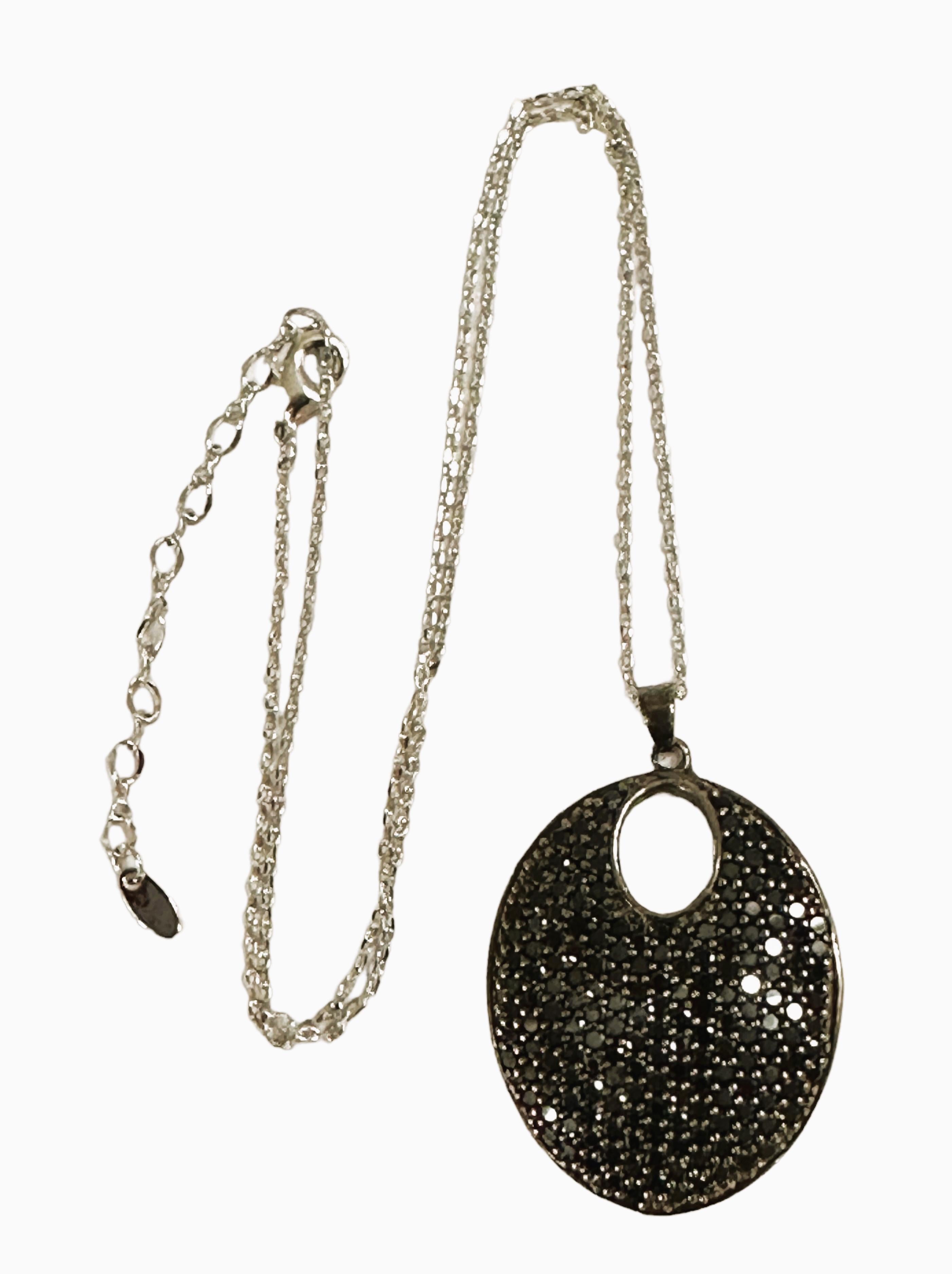 Art Deco New Sterling Silver Black Sapphire Pave Pendant Necklace