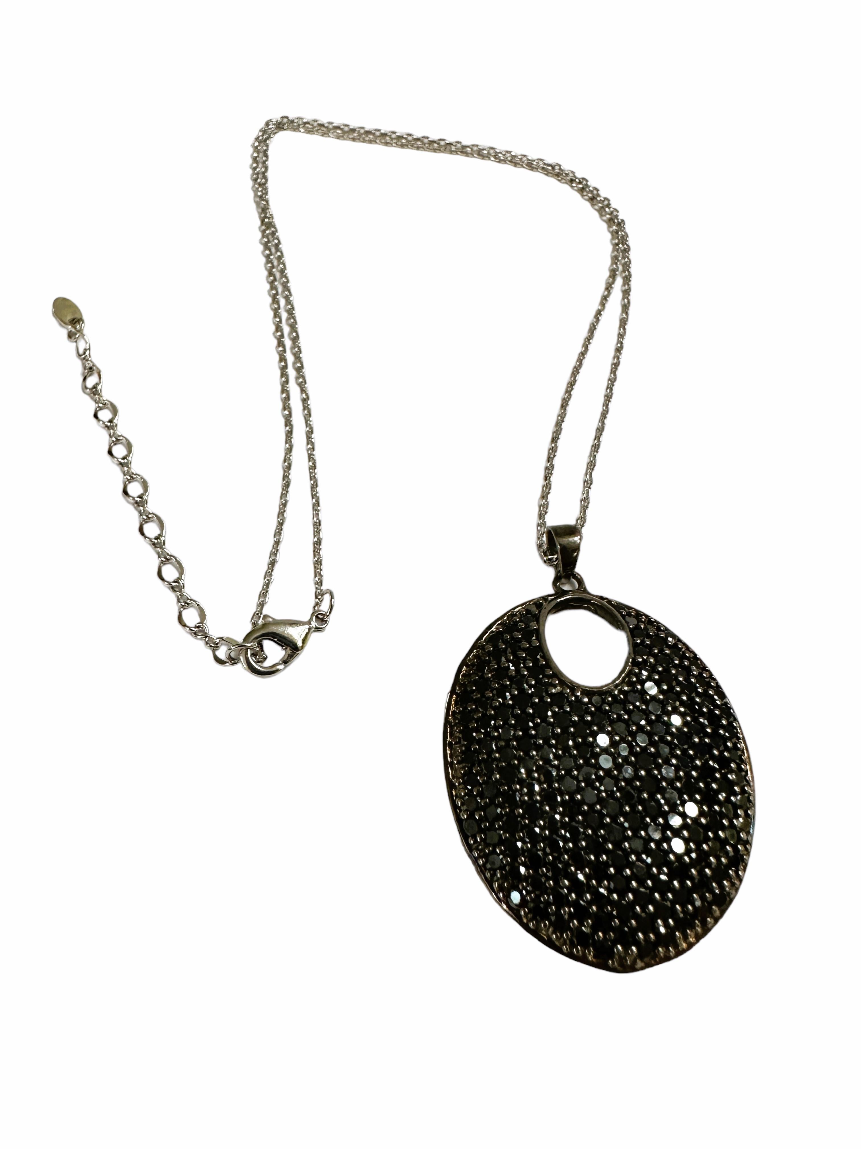 New Sterling Silver Black Sapphire Pave Pendant Necklace In Excellent Condition In Eagan, MN
