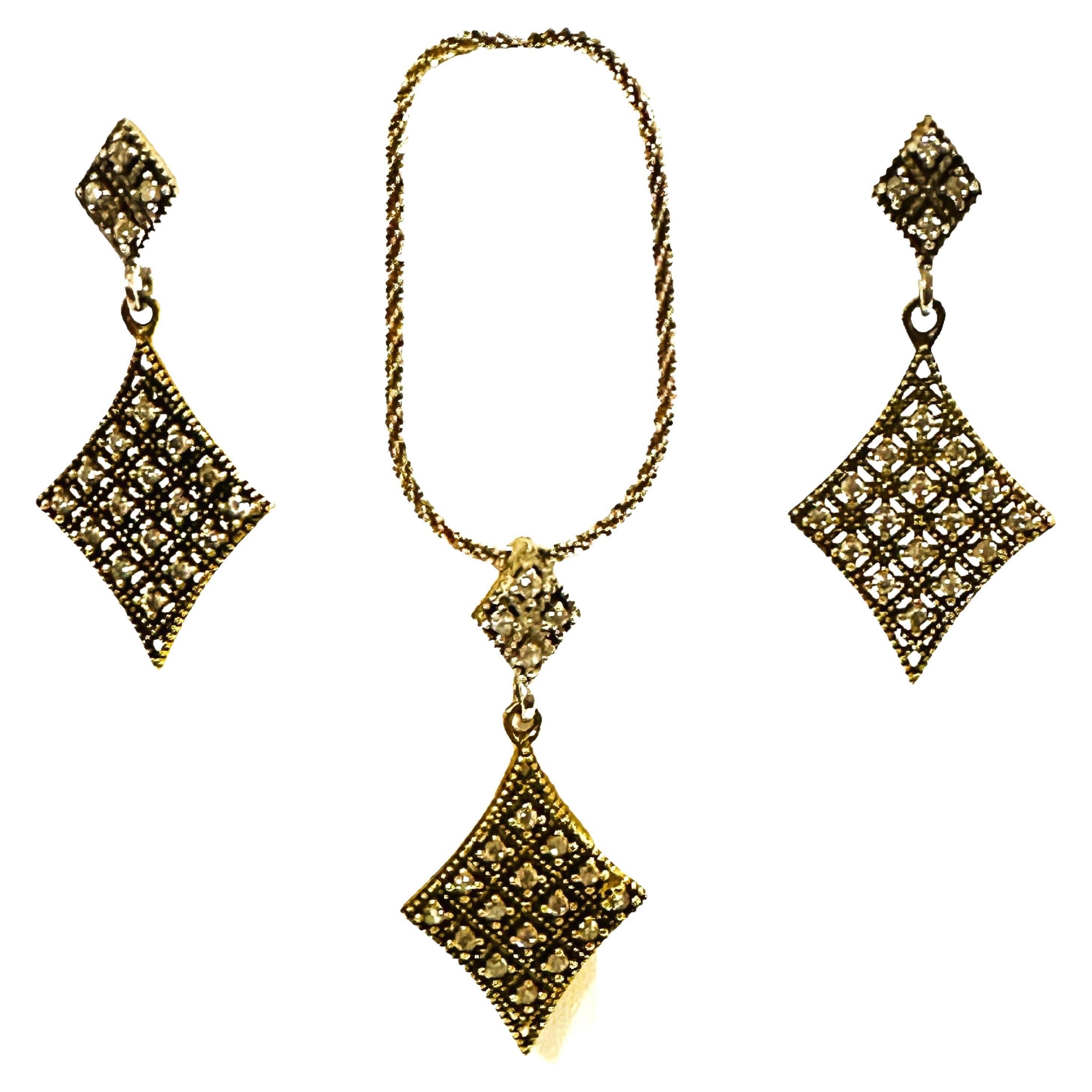 New 14K Yellow Gold & Sterling Silver Art Deco Pendant and Earrings  For Sale