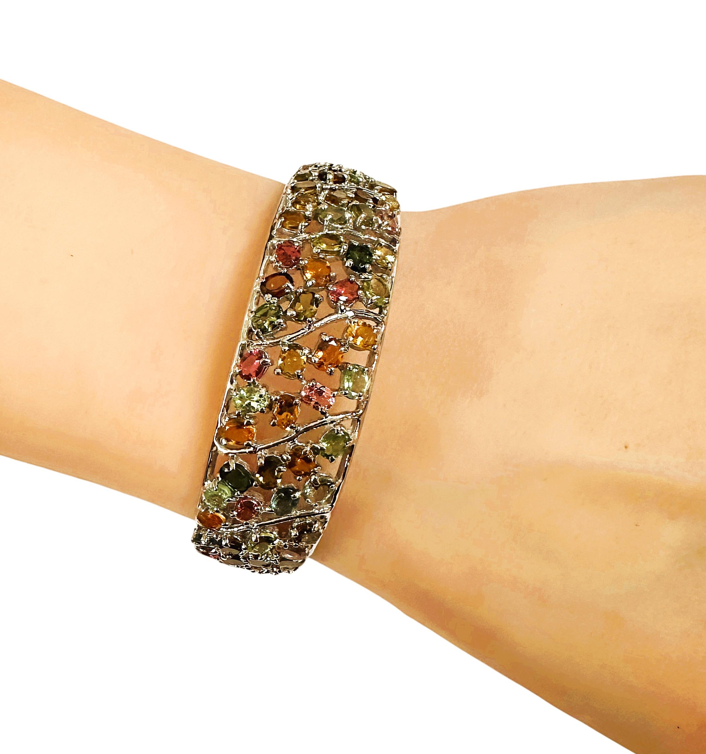 New Sterling Silver Multi- Colored Gemstone Cuff Bracelet - Intricate Design 5