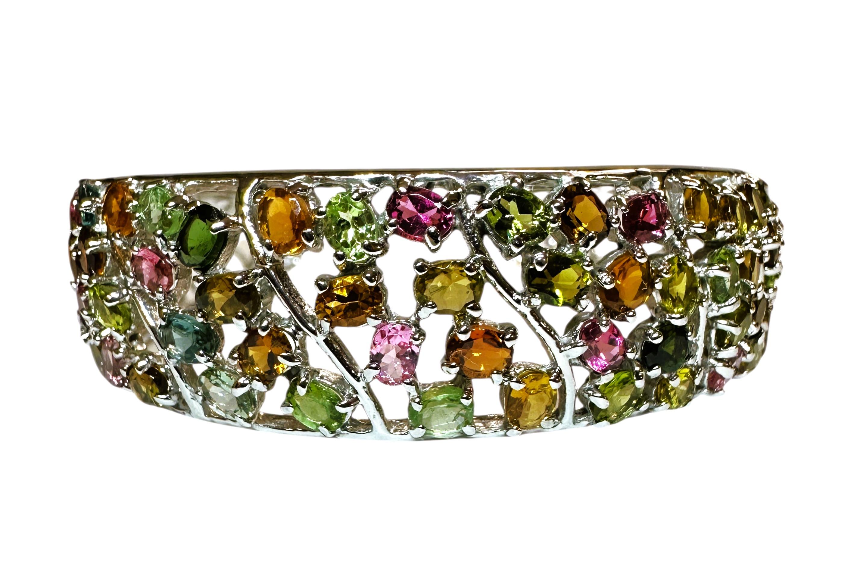 Art Deco New Sterling Silver Multi- Colored Gemstone Cuff Bracelet - Intricate Design
