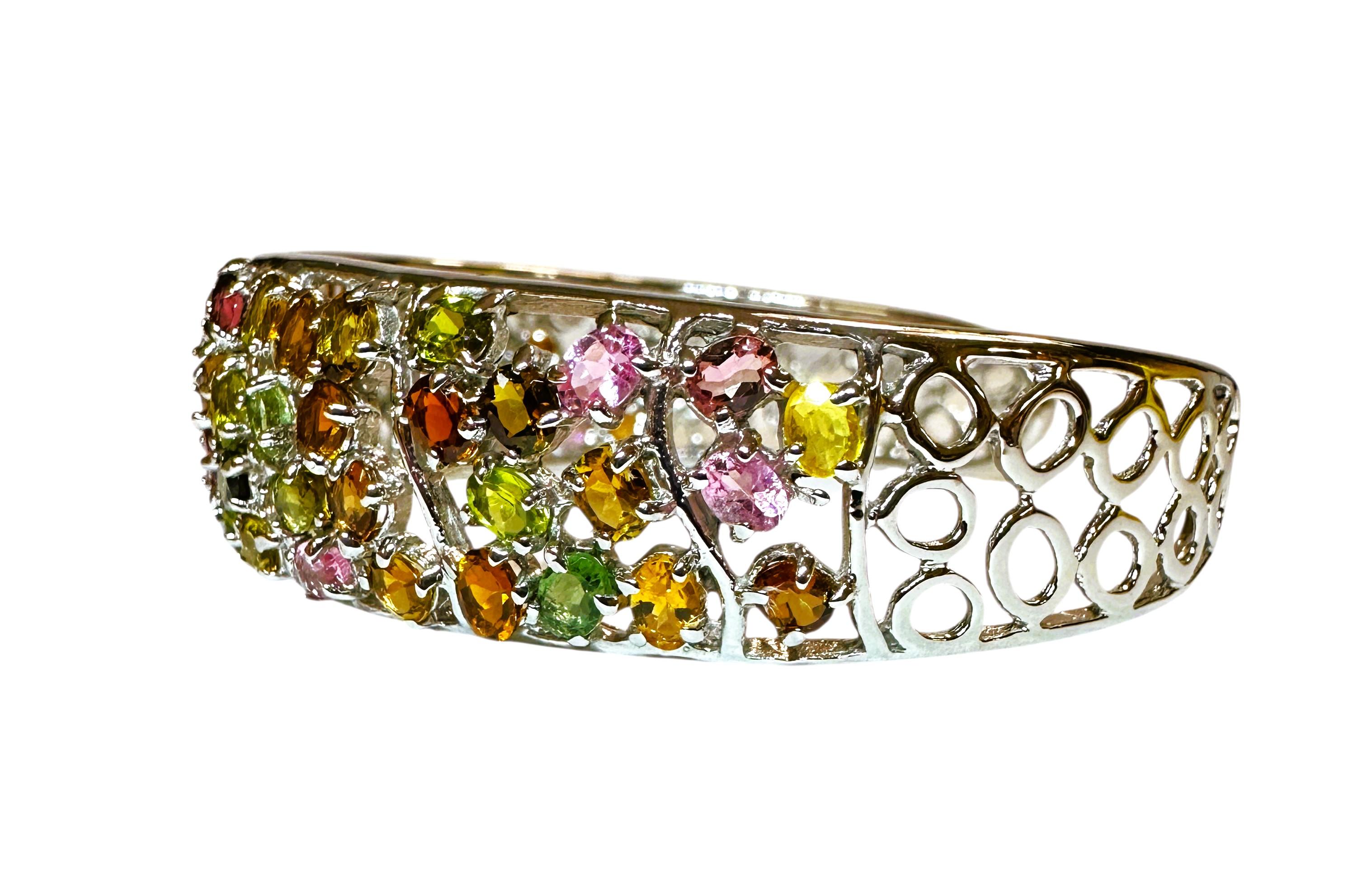 Oval Cut New Sterling Silver Multi- Colored Gemstone Cuff Bracelet - Intricate Design