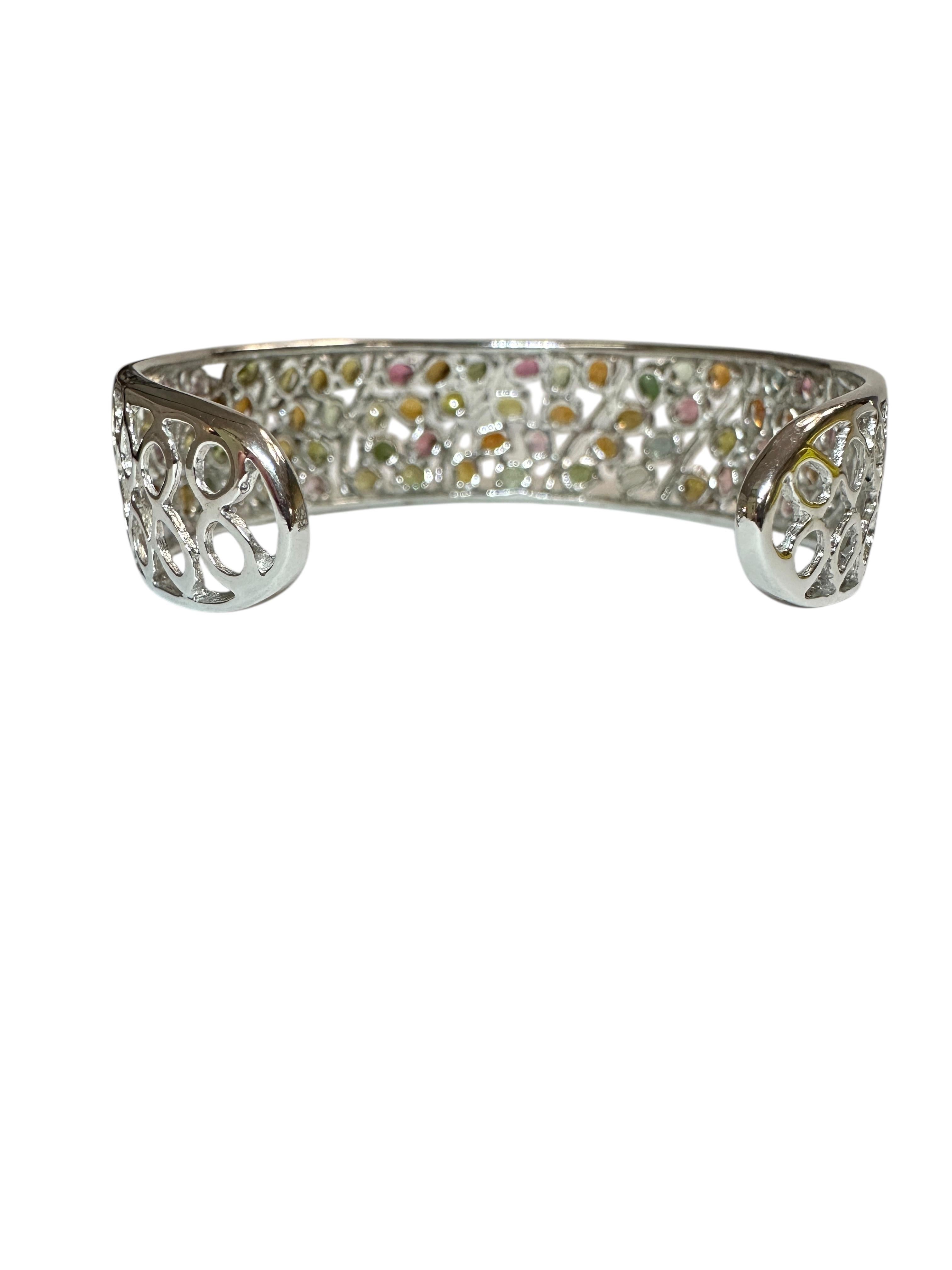 New Sterling Silver Multi- Colored Gemstone Cuff Bracelet - Intricate Design In Excellent Condition In Eagan, MN
