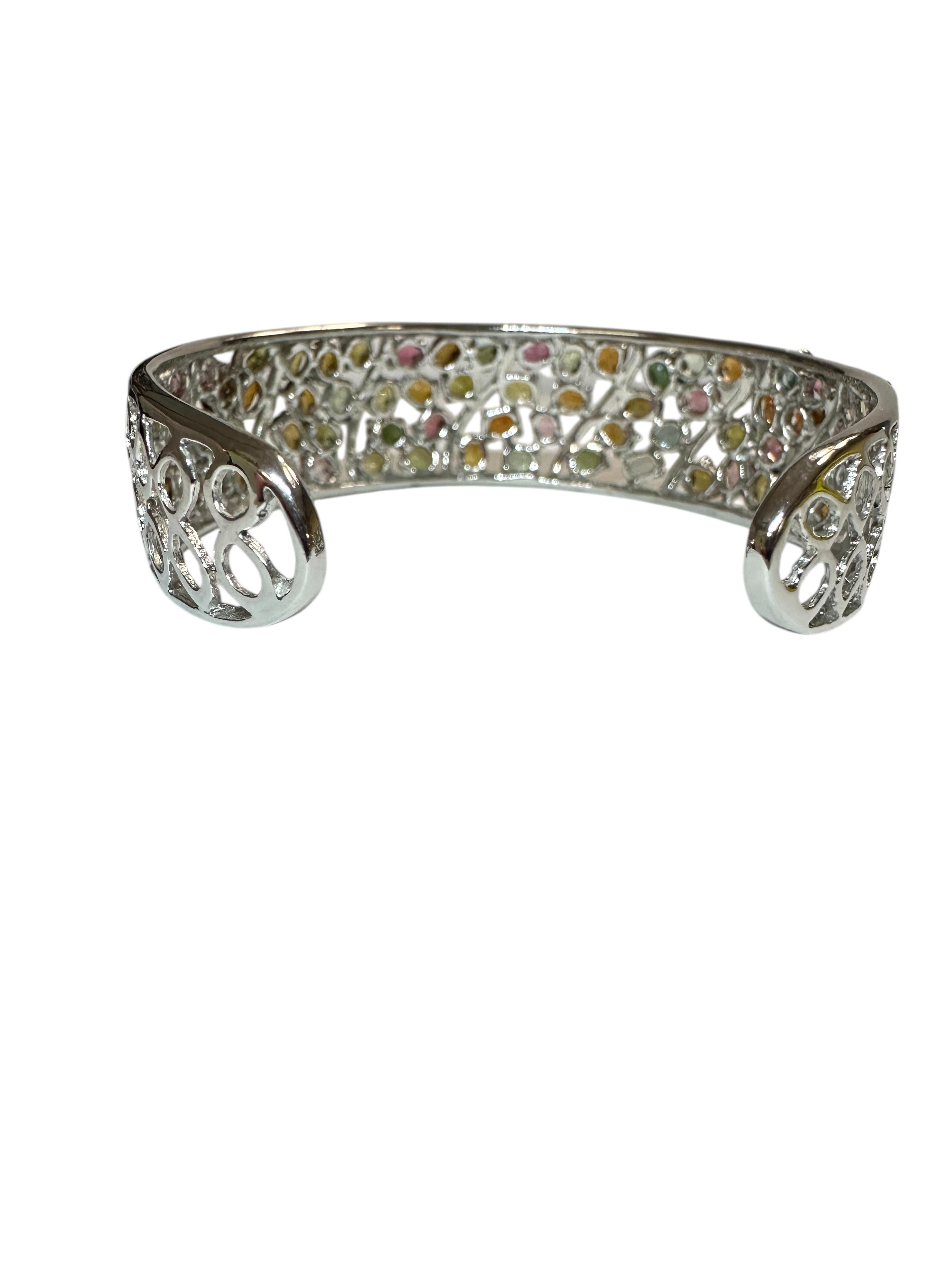 Women's New Sterling Silver Multi- Colored Gemstone Cuff Bracelet - Intricate Design