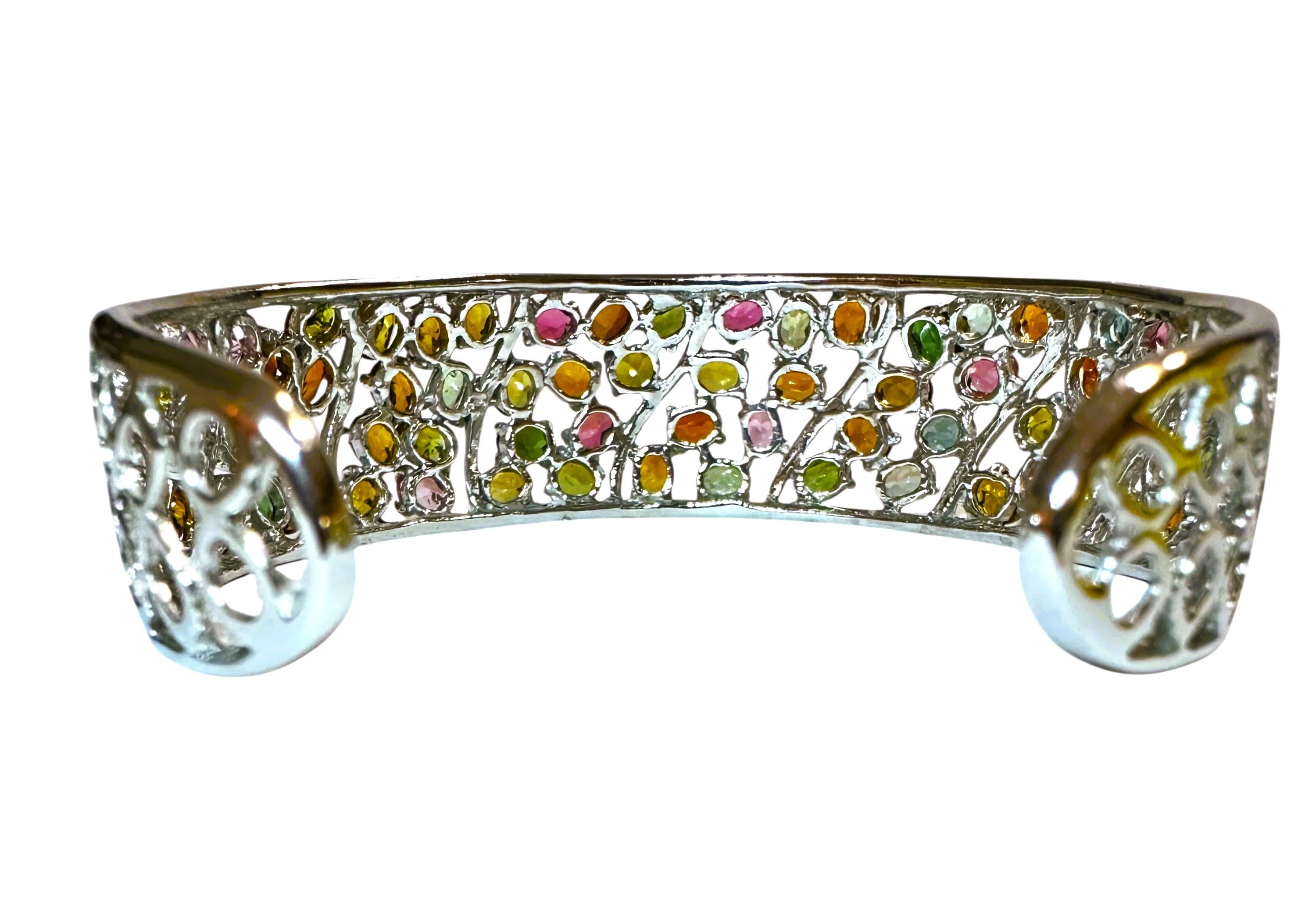 New Sterling Silver Multi- Colored Gemstone Cuff Bracelet - Intricate Design 1