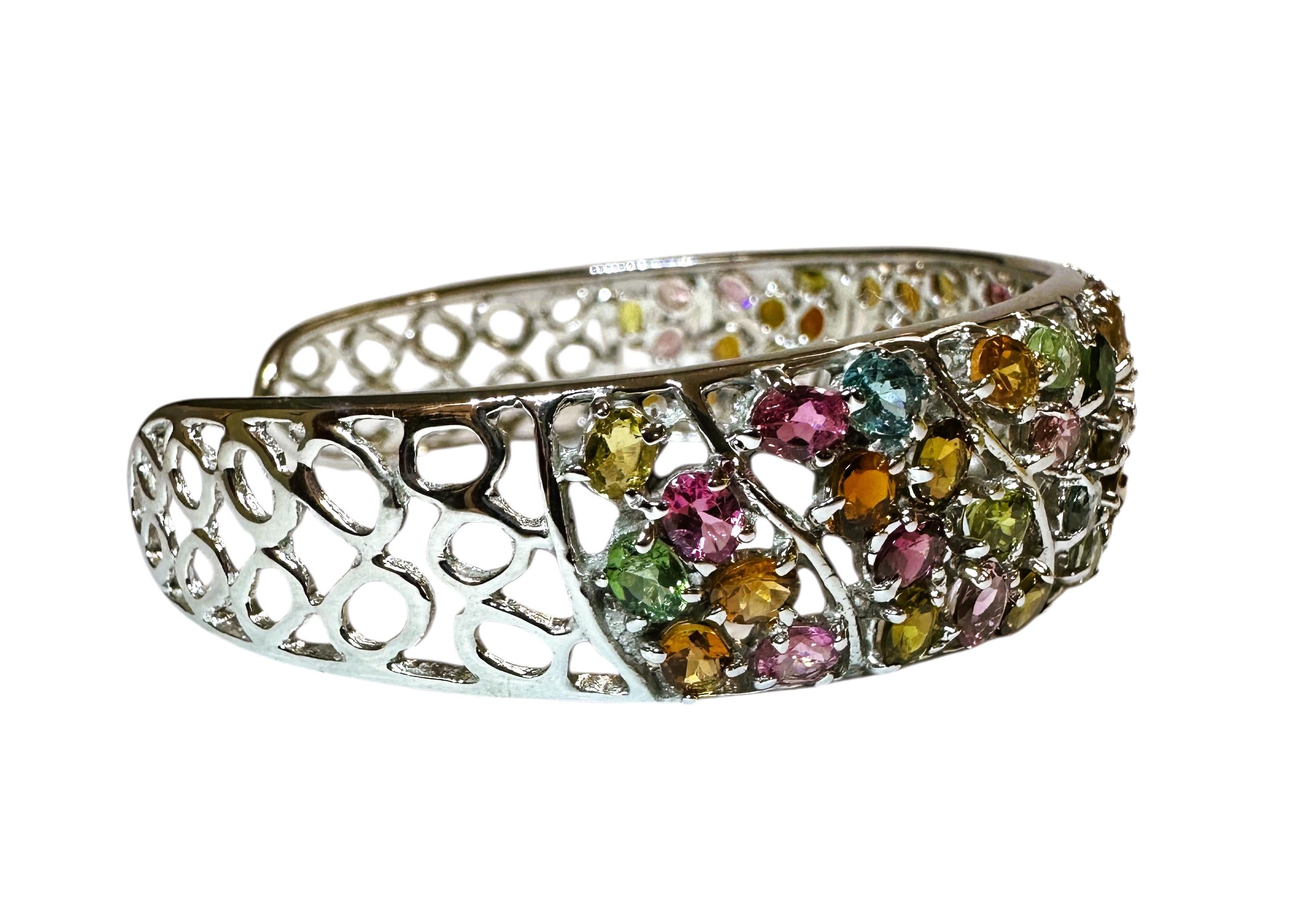 New Sterling Silver Multi- Colored Gemstone Cuff Bracelet - Intricate Design 2
