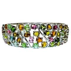 New Sterling Silver Multi- Colored Gemstone Cuff Bracelet - Intricate Design