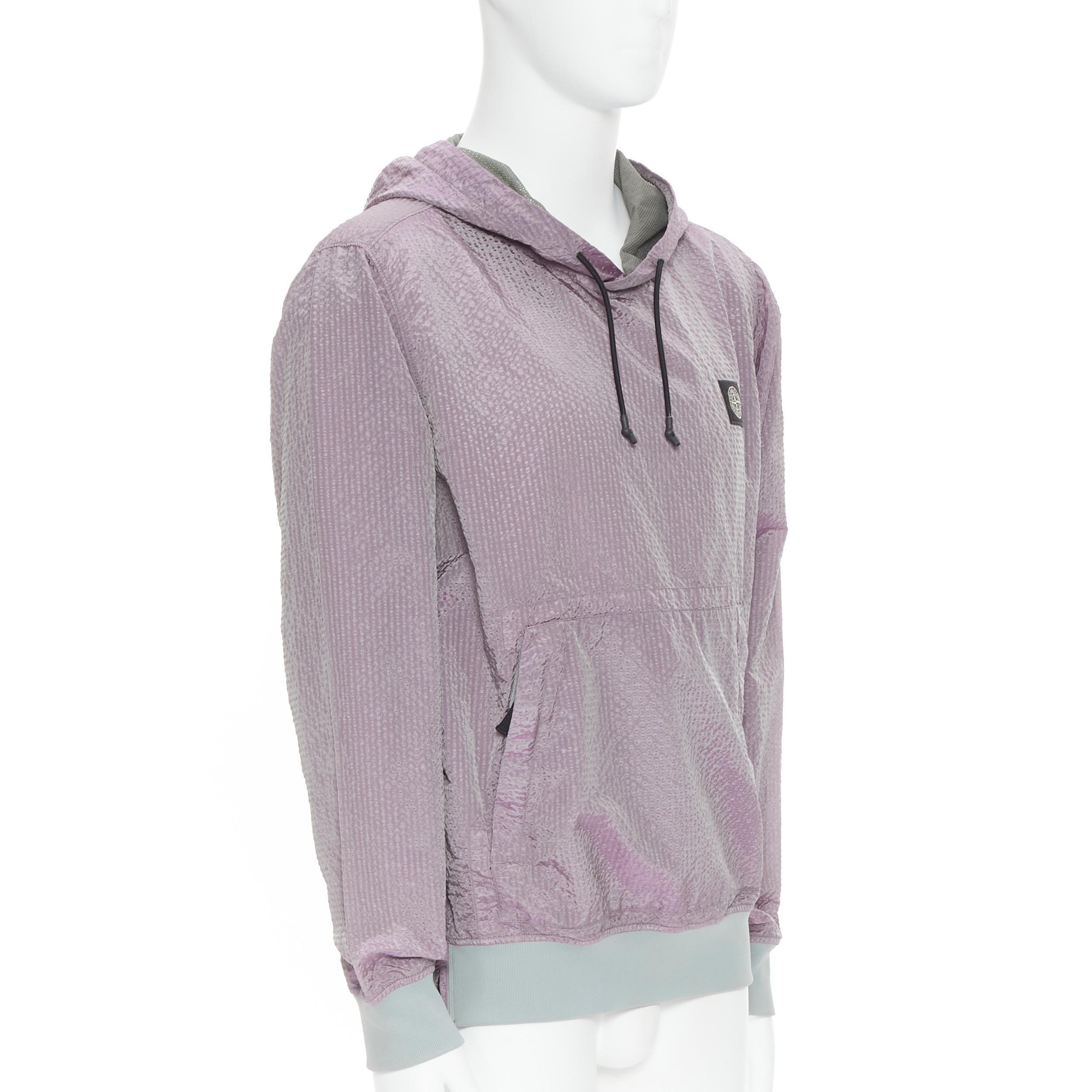 Gray new STONE ISLAND Poly Frame iridescent purple seersucker nylon pullover hoodie M