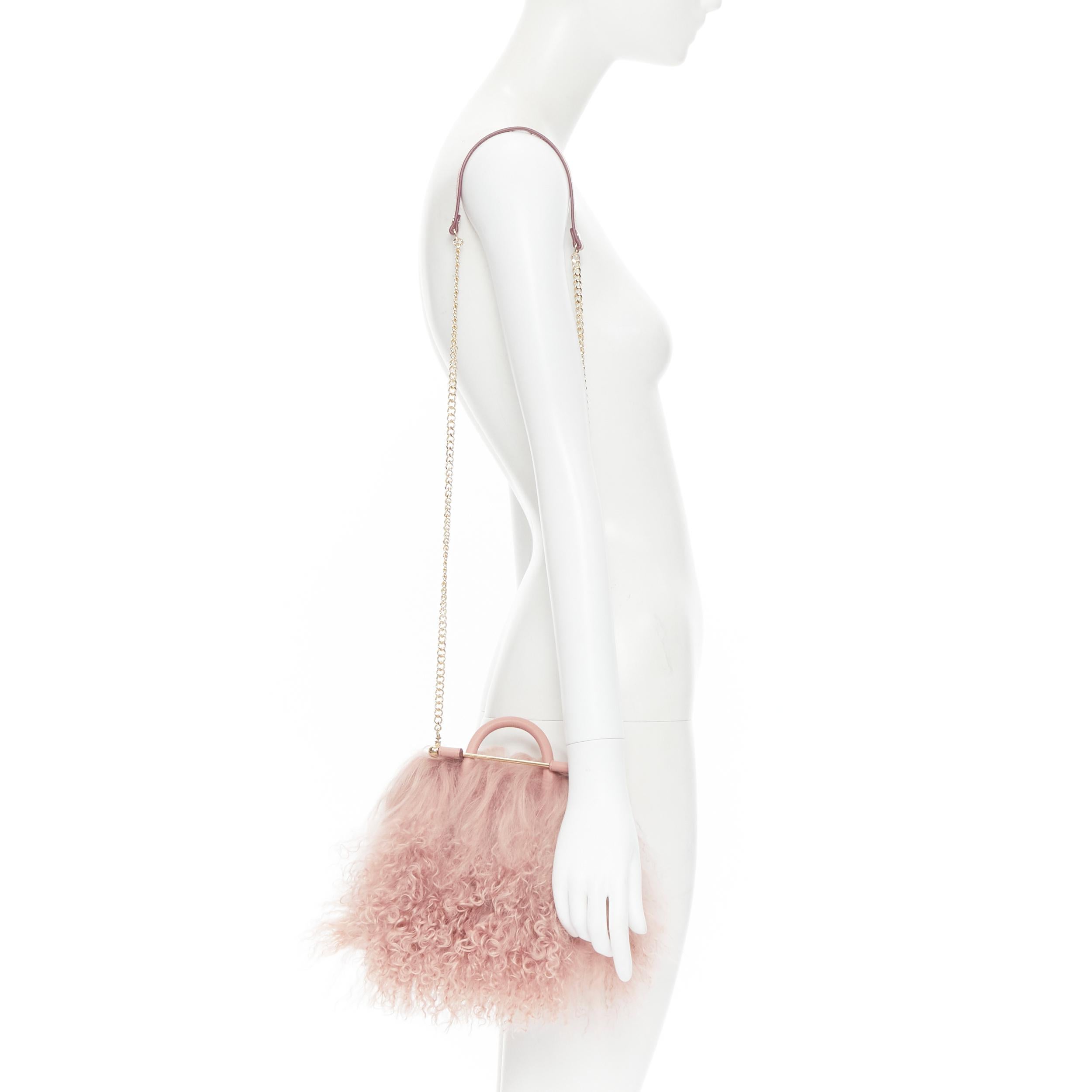 new STRATHBERRY blush pink Mongolian long shearling fur gold bar crossbody bag 
Reference: TGAS/B01174 
Brand: Strathberry 
Model: Mongolian Shearling bag 
Material: Fur 
Color: Pink 
Pattern: Solid 
Extra Detail: Gold bar closure. Rose pink long