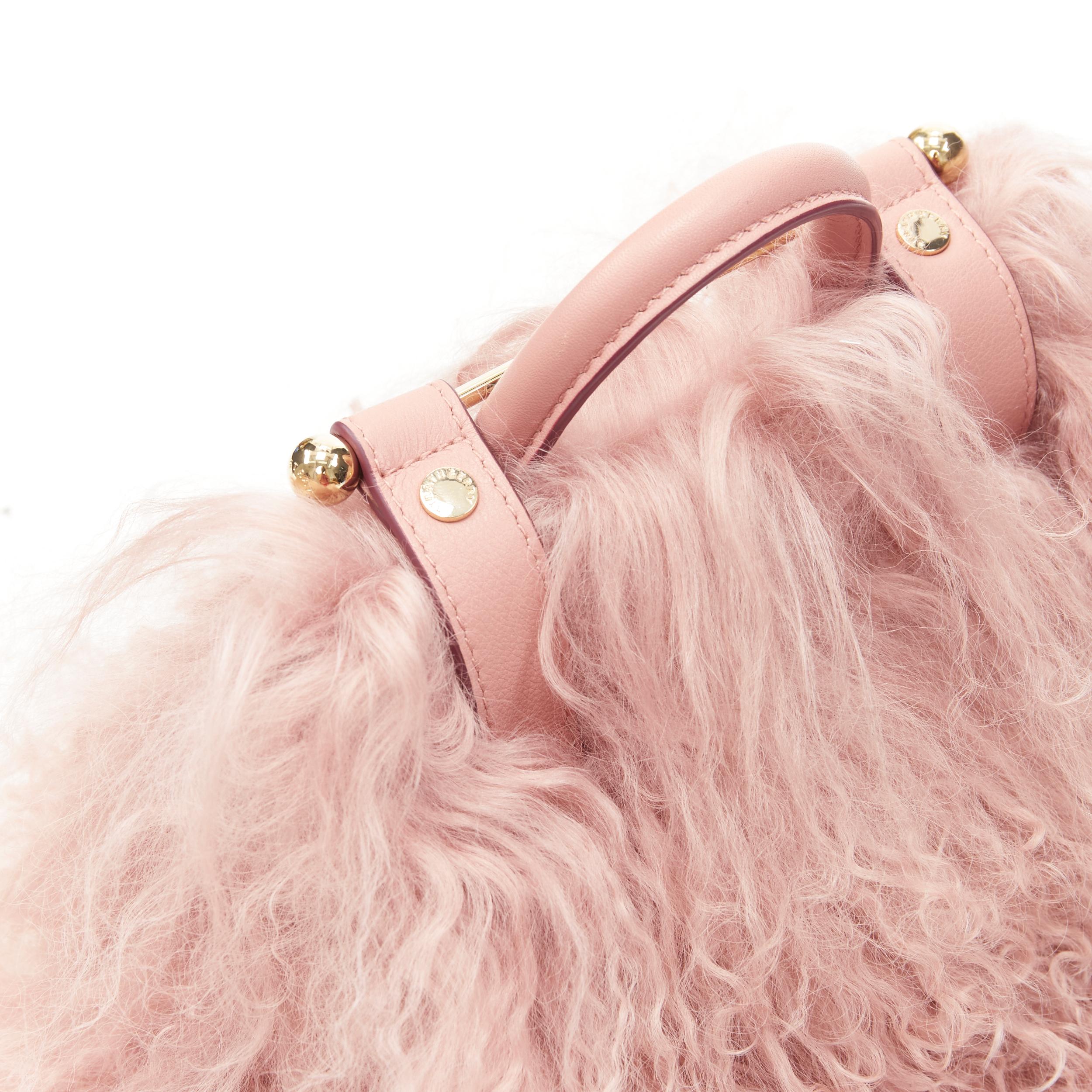 Beige new STRATHBERRY blush pink Mongolian long shearling fur gold bar crossbody bag