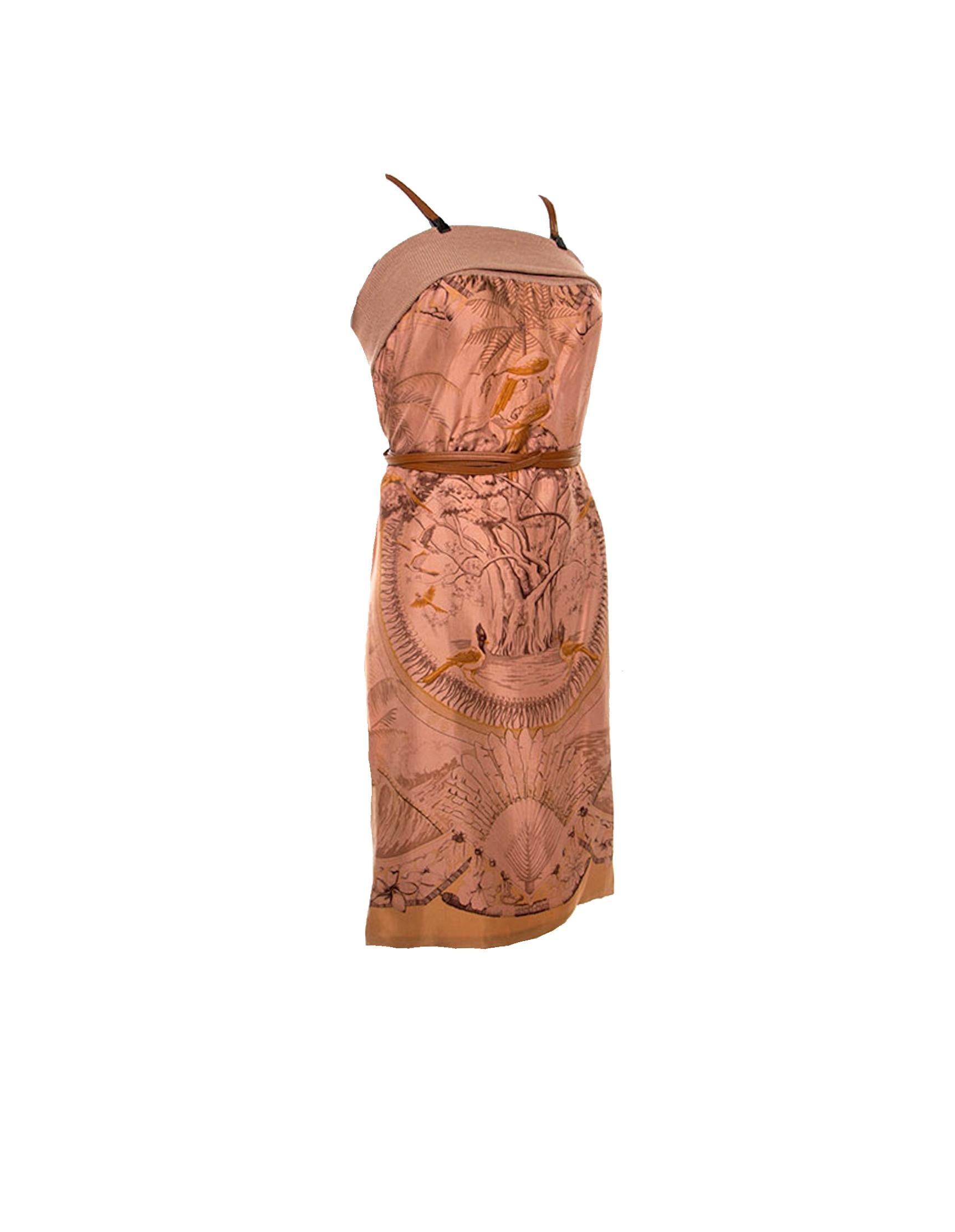 THE MOST LUXURIOUS CLOTHING ON EARTH!
Classy, timeless HERMES print silk dress
 Signature piece with the timeless HERMES print
 Crafted from silk and linen, a two piece tan leather strap belt enhances the style
So versatile!
The dress can be also