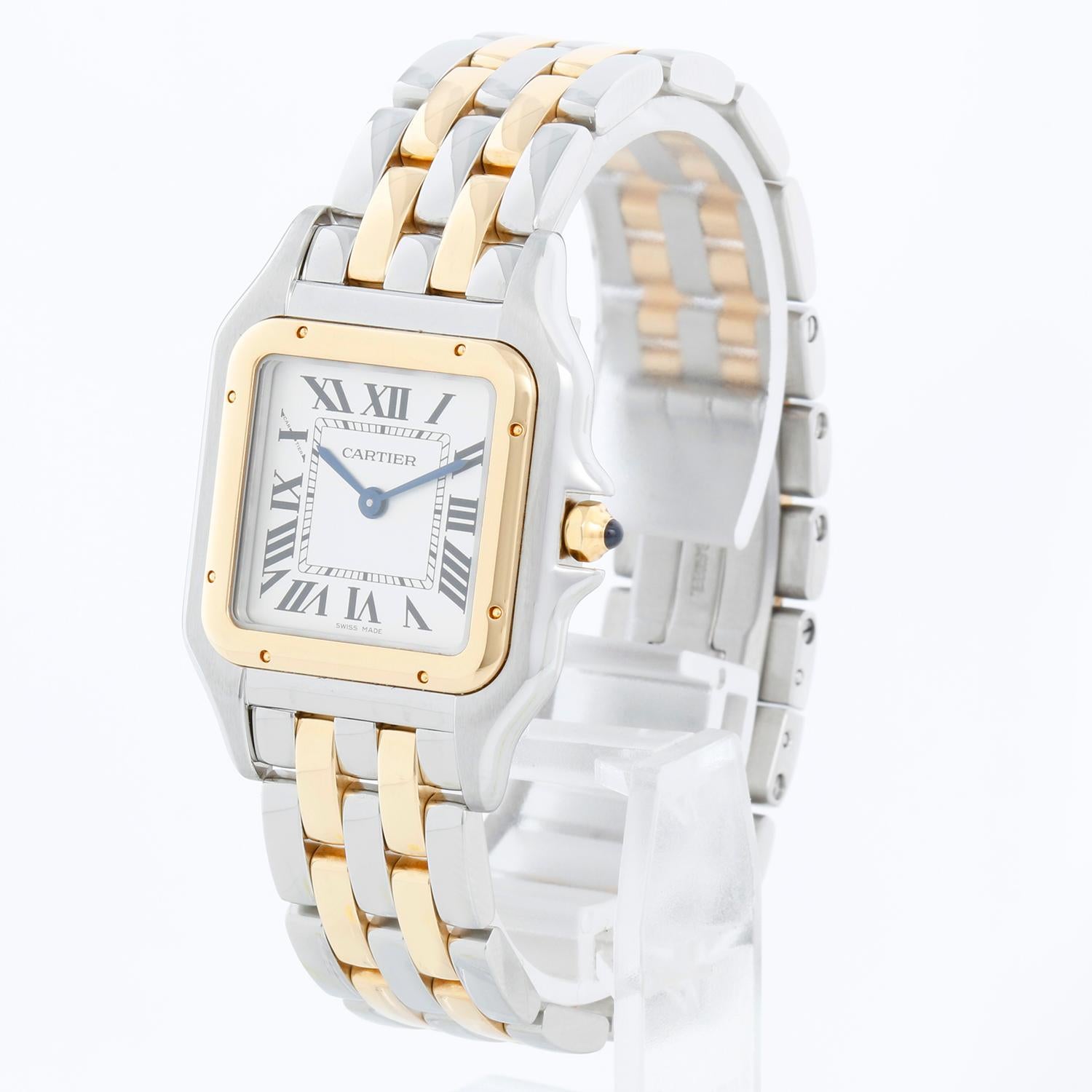 New Style Cartier Panthere 2-Tone 2-Row Medium Watch W2PN0007 - Quartz. Stainless steel case with 18k yellow gold bezel ( 29mm x 37mm ). Silver colored dial with black Roman numerals. Stainless steel and 2-row 18k yellow gold Panthere bracelet.