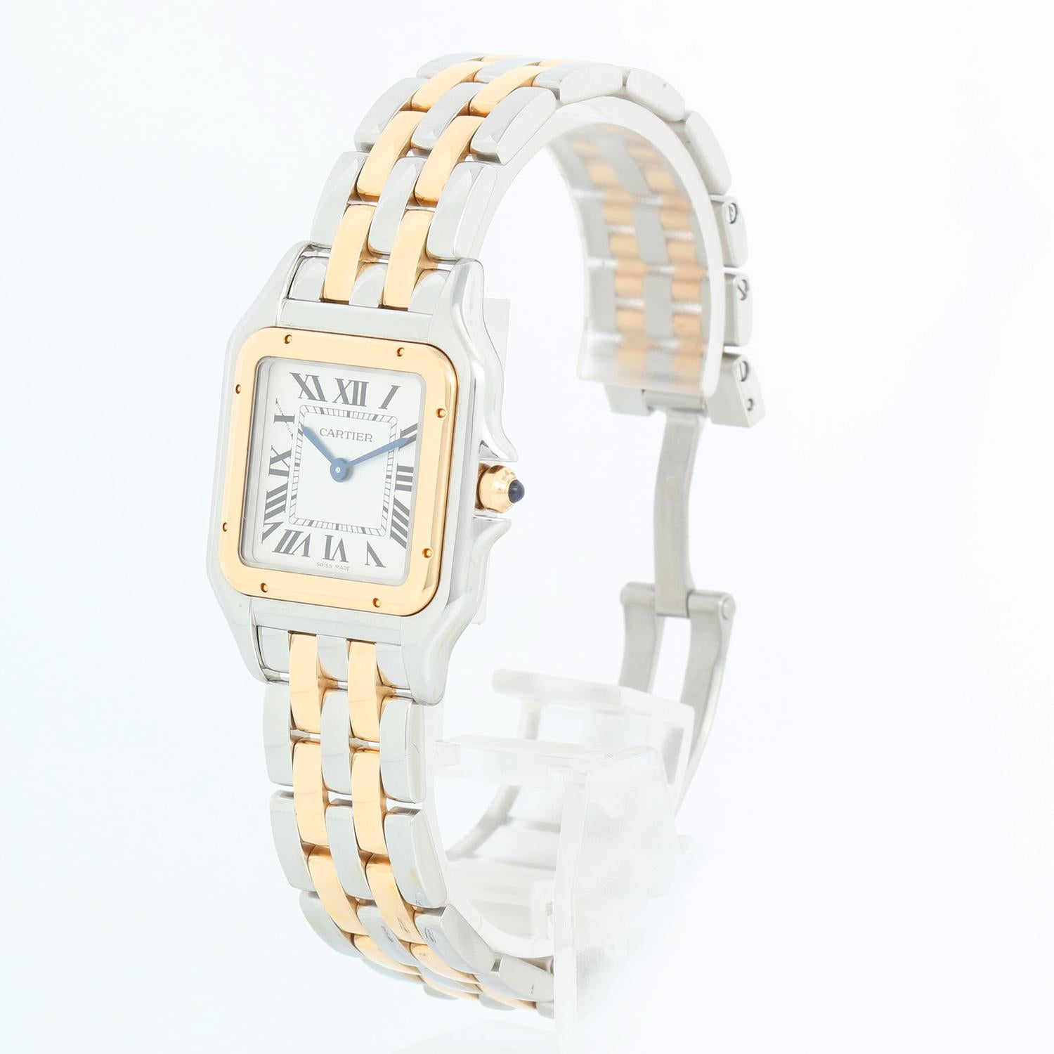 New Style Cartier Panthere 2-Tone 2-Row Medium Watch W2PN0007 - Quartz. Stainless steel case with 18k yellow gold bezel ( 29mm x 37mm ). Silver colored dial with black Roman numerals. Stainless steel and 2-row 18k yellow gold Panthere bracelet.