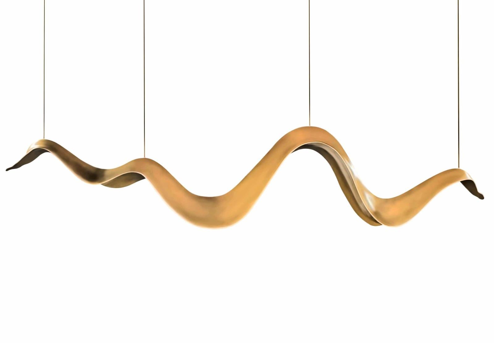 Suspension lamp

General information
Dimensions (cm): 285 x 36 x 60
Dimensions (in): 112.2 x 14.2 x 23.6
Weight (kg): 17
Weight (lbs): 37.5

Materials and colors
Structure: Resin reinforced with fiberglass finished in pale gold color;
Lighting: 4