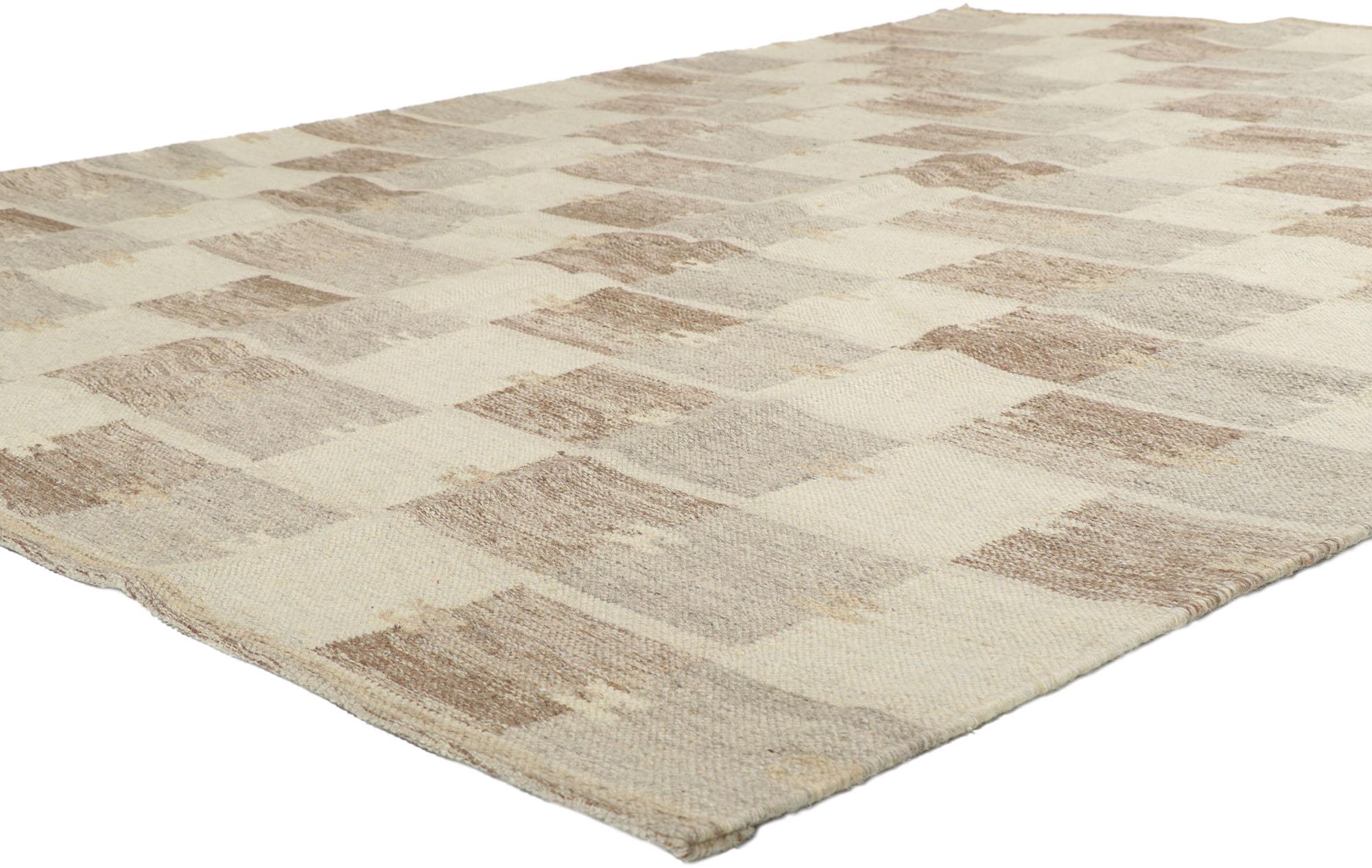 30683 New Swedish Barbro Nilsson Inspired Kilim rug with Scandinavian Modern Style 08'00 x 10'00. With its simplicity, geometric design and light earth-tone colors, this hand-woven wool Swedish inspired Kilim rug provides a feeling of cozy