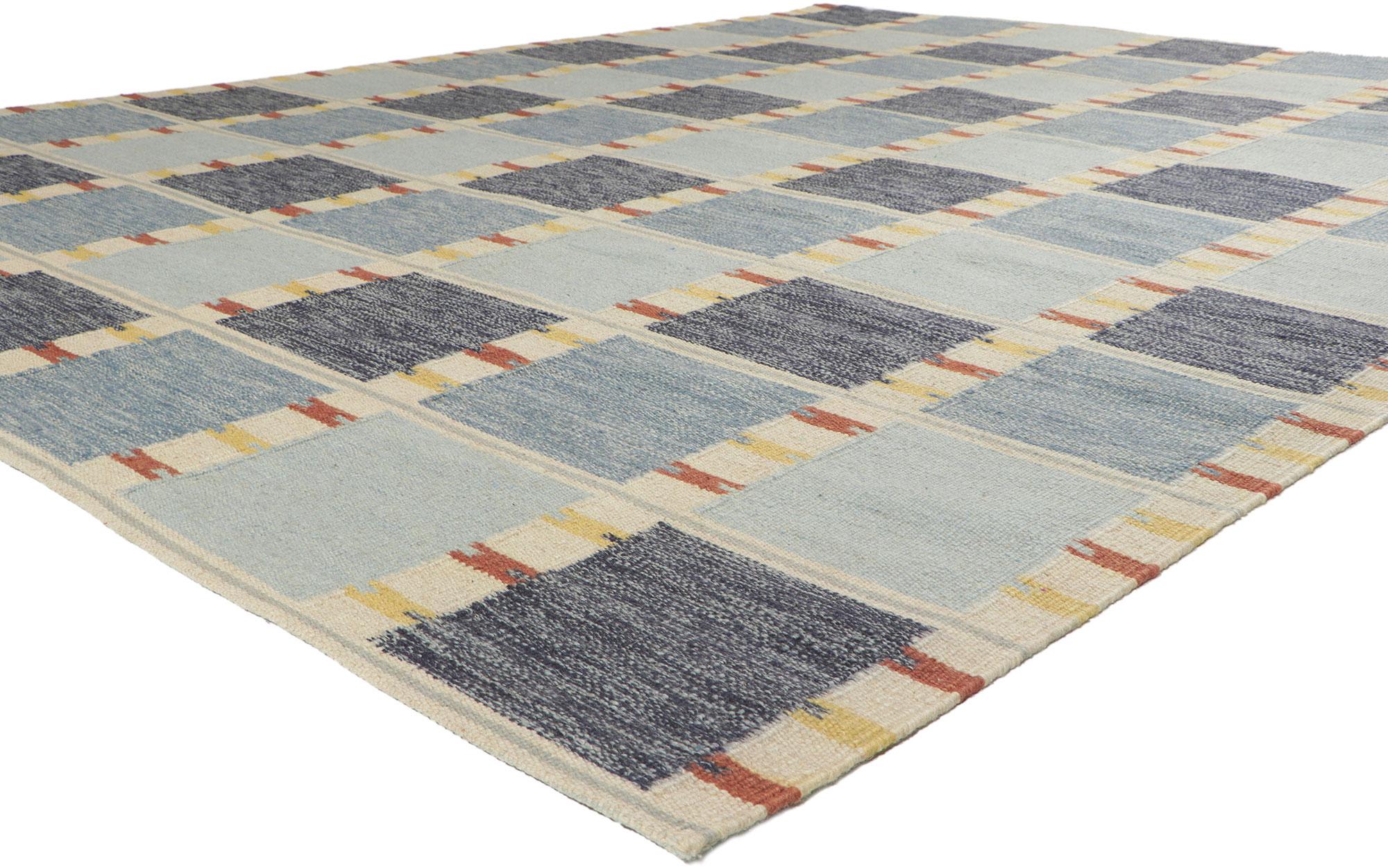 30852 New Swedish Barbro Nilsson Inspired Kilim Rug, 09'02 x 11'07. Emanating Scandinavian Modern style with incredible detail and texture, this handwoven Swedish style kilim rug is a captivating vision of woven beauty. The eye-catching check
