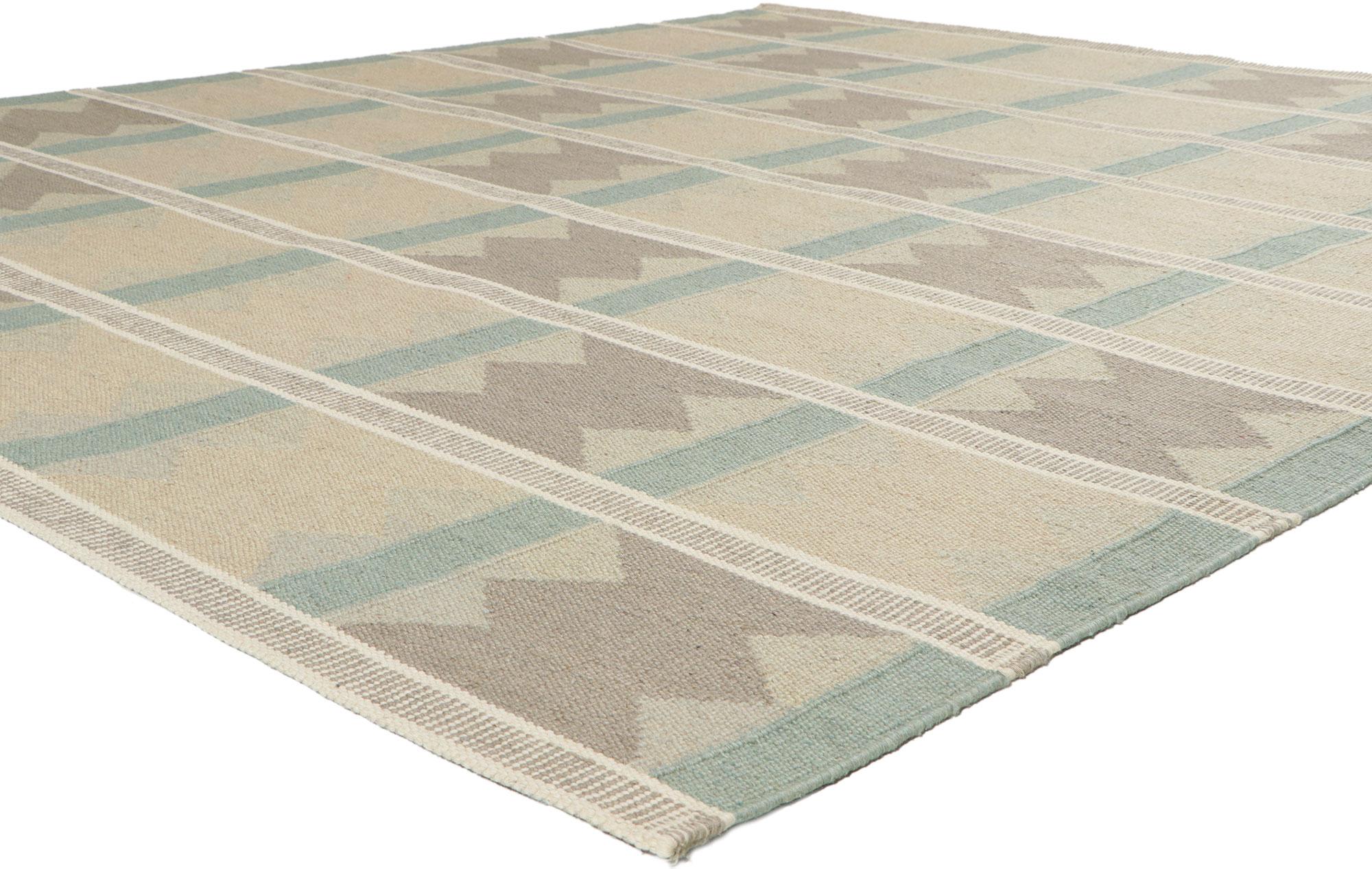 30847 ?New Swedish Ingegerd Silow Inspired Kilim rug with Scandinavian Modern Style 08'03 x 09'07. With its simplicity, geometric design and soft colors, this hand-woven wool Swedish inspired Kilim rug provides a feeling of cozy contentment without