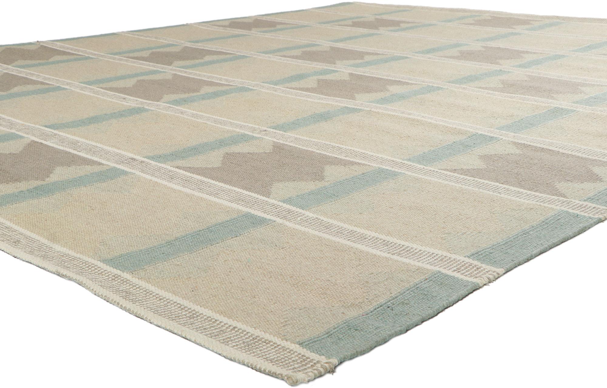 30846 New Swedish Ingegerd Silow Inspired Kilim Rug with Scandinavian Modern Style 09'03 x 11'05.
With its simplicity, geometric design and soft colors, this hand-woven wool Swedish inspired Kilim rug provides a feeling of cozy contentment without