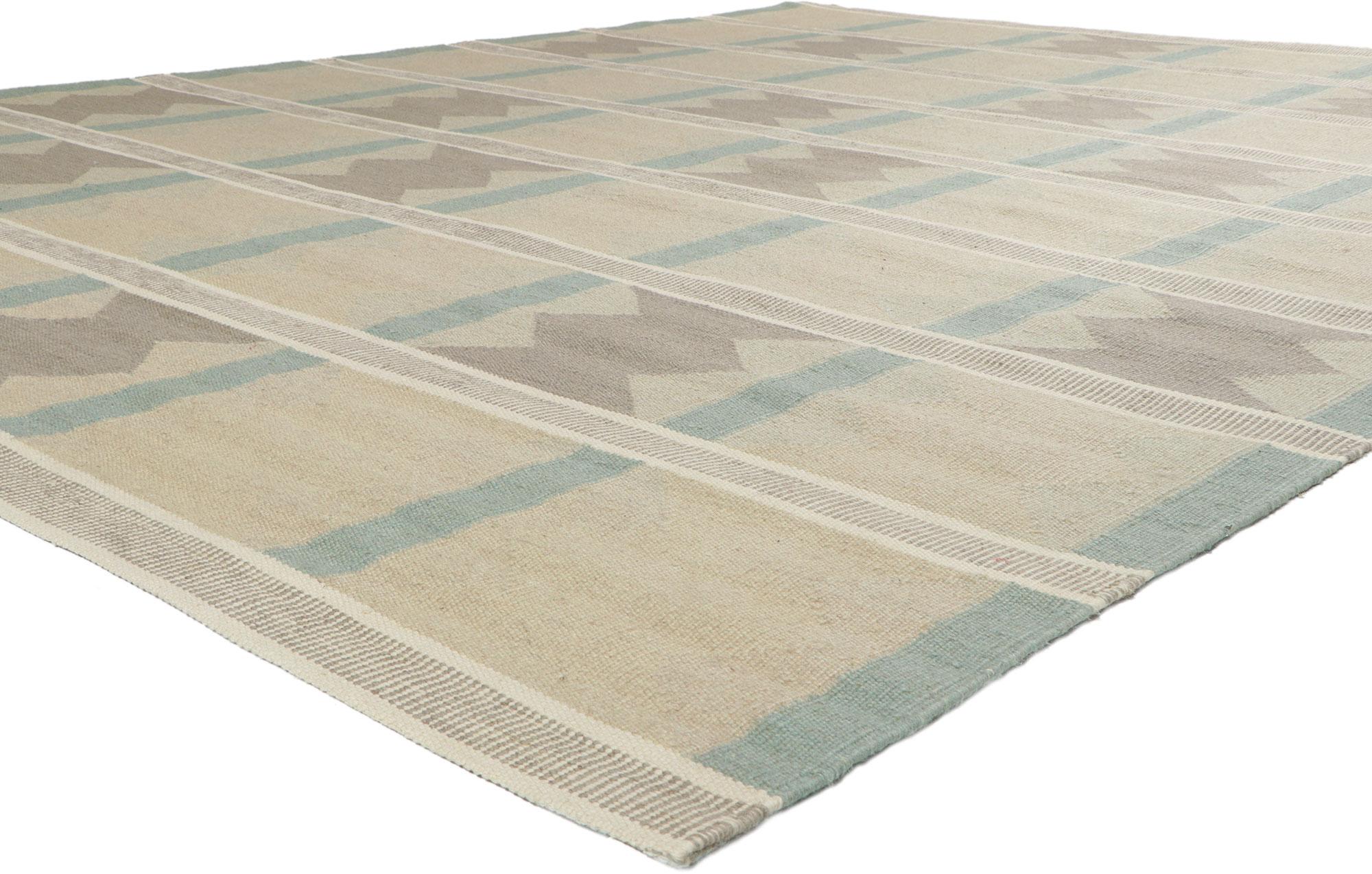 30845 New Swedish Ingegerd Silow Inspired Kilim rug with Scandinavian Modern Style 10'05 x 13'05. With its simplicity, geometric design and soft colors, this hand-woven wool Swedish inspired Kilim rug provides a feeling of cozy contentment without