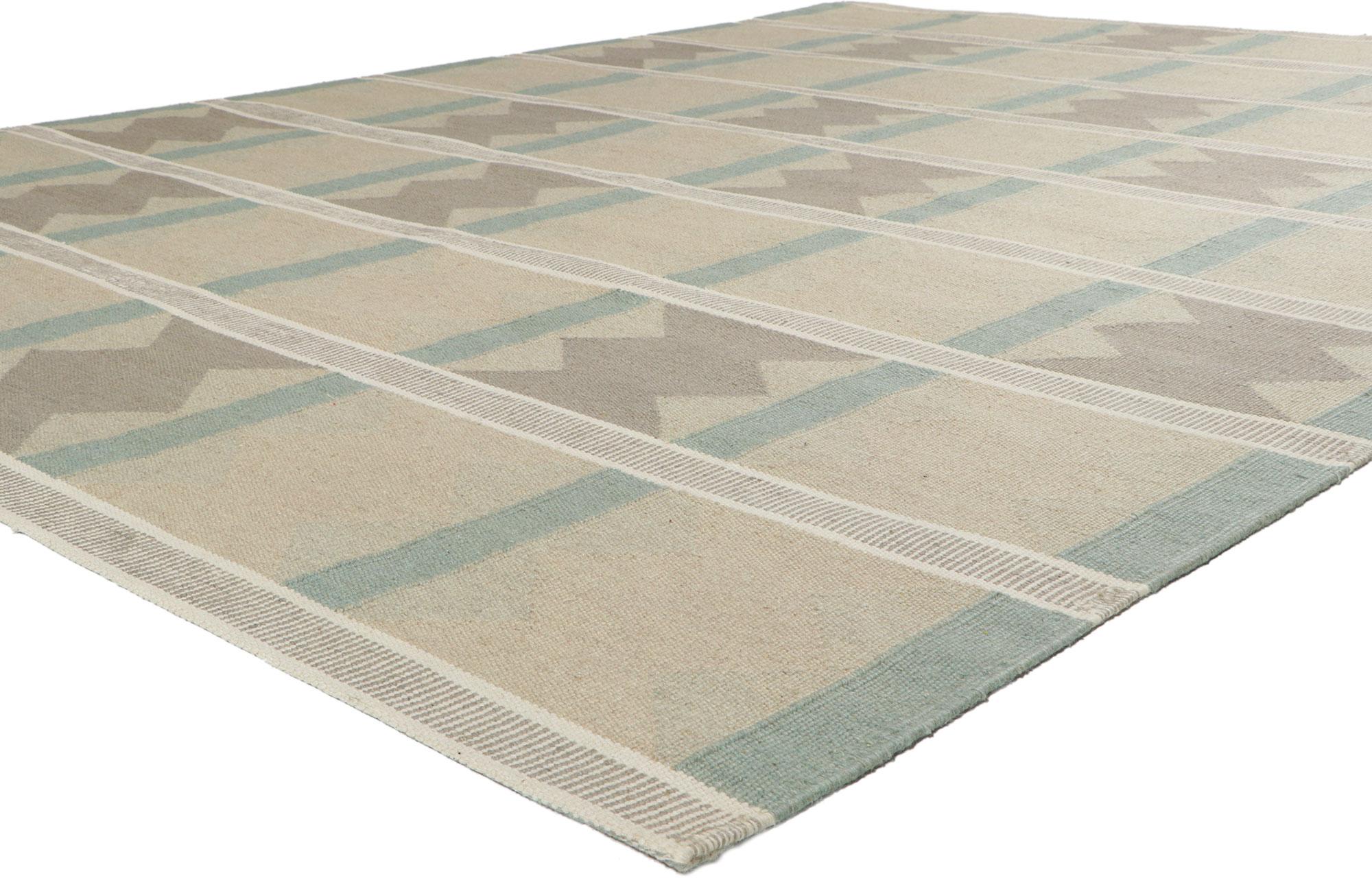 30844 New Swedish Ingegerd Silow Inspired Kilim Rug with Scandinavian Modern Style 09'03 x 11'11. With its simplicity, geometric design and soft colors, this hand-woven wool Swedish inspired Kilim rug provides a feeling of cozy contentment without
