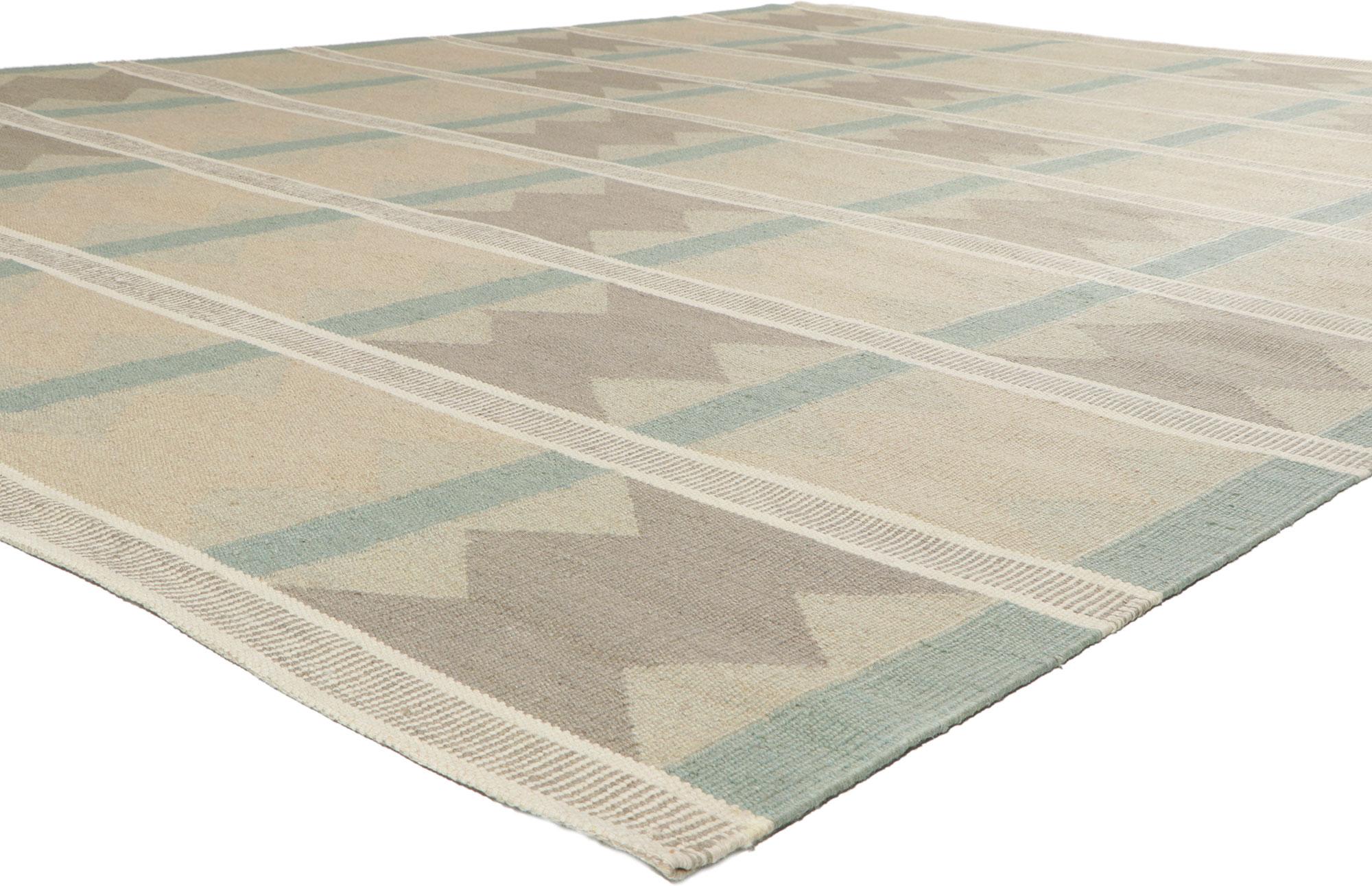 30843 New Swedish Ingegerd Silow Inspired Kilim rug with Scandinavian Modern Style 10'03 x 13'05.? With its simplicity, geometric design and soft colors, this hand-woven wool Swedish inspired Kilim rug provides a feeling of cozy contentment without