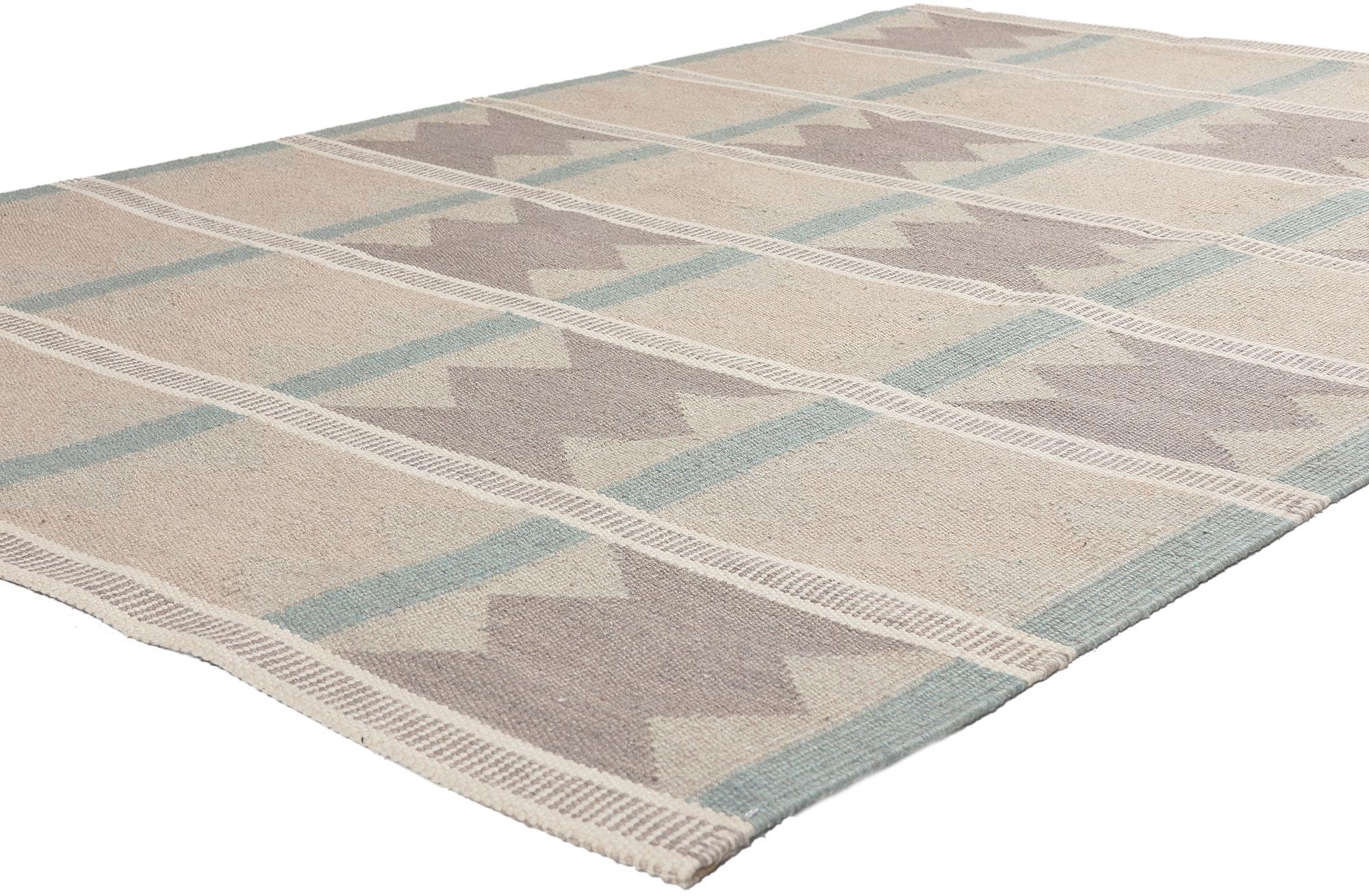 30695 Ingegerd Silow Swedish Inspired Kilim Rug, 05'04 x 07'09.
Sublime simplicity meets Scandinavian Modern style in this handwoven Swedish inspired Kilim rug. The geometric panel design and earthy hues woven into this piece work together creating