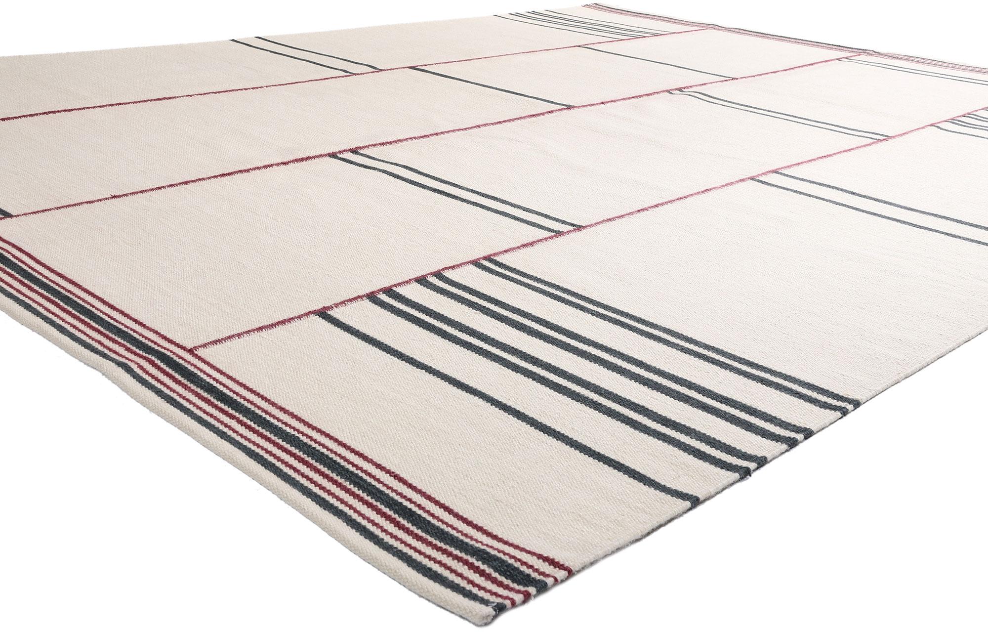30958 New Scandinavian Swedish Inspired Röllakan, 10'01 x 12'10. A study in refined minimalism and elegant proportion, this handwoven wool Scandinavian Swedish-inspired röllakan rug offers a rare glimpse into the modern Nordic ethos—where restraint