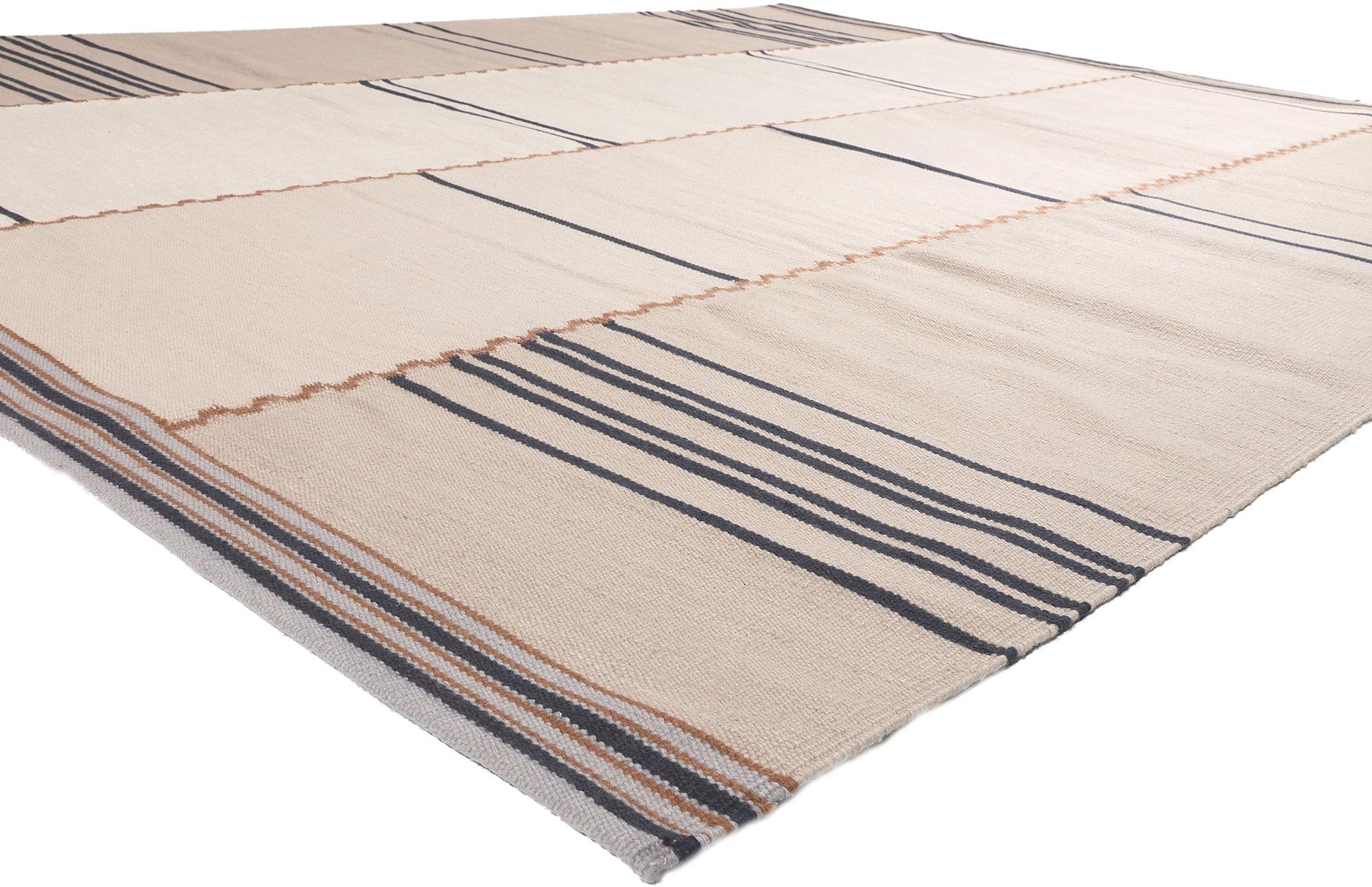 30956 New Swedish Inspired Kilim Rug, 10'02 x 12'10. Displaying simplicity with incredible detail and texture, this handwoven wool Swedish inspired Kilim rug provides a feeling of cozy contentment without the clutter. The eye-catching ladder stripe