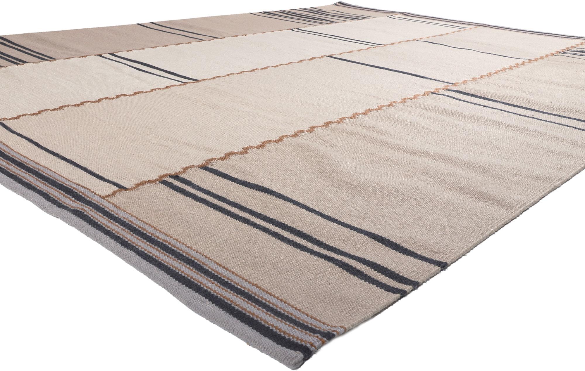 30955 New Swedish Inspired Kilim Rug, 09'02 x 11'10. Displaying simplicity with incredible detail and texture, this handwoven wool Swedish inspired Kilim rug provides a feeling of cozy contentment without the clutter. The eye-catching ladder stripe