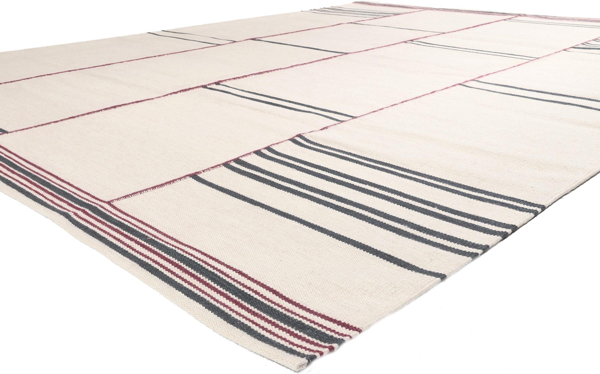 30958 New Swedish Inspired Kilim Rug, 10'01 x 12'10. Displaying simplicity with incredible detail and texture, this handwoven wool Swedish inspired Kilim rug provides a feeling of cozy contentment without the clutter. The eye-catching ladder stripe