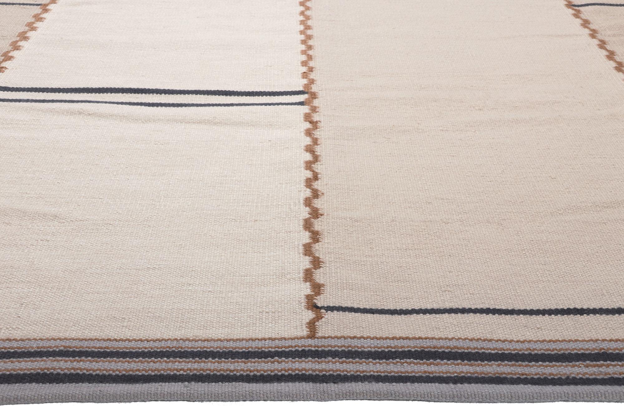 Indian New Swedish Inspired Kilim Rug Earth-Tone Colors, Stege Randmönster For Sale