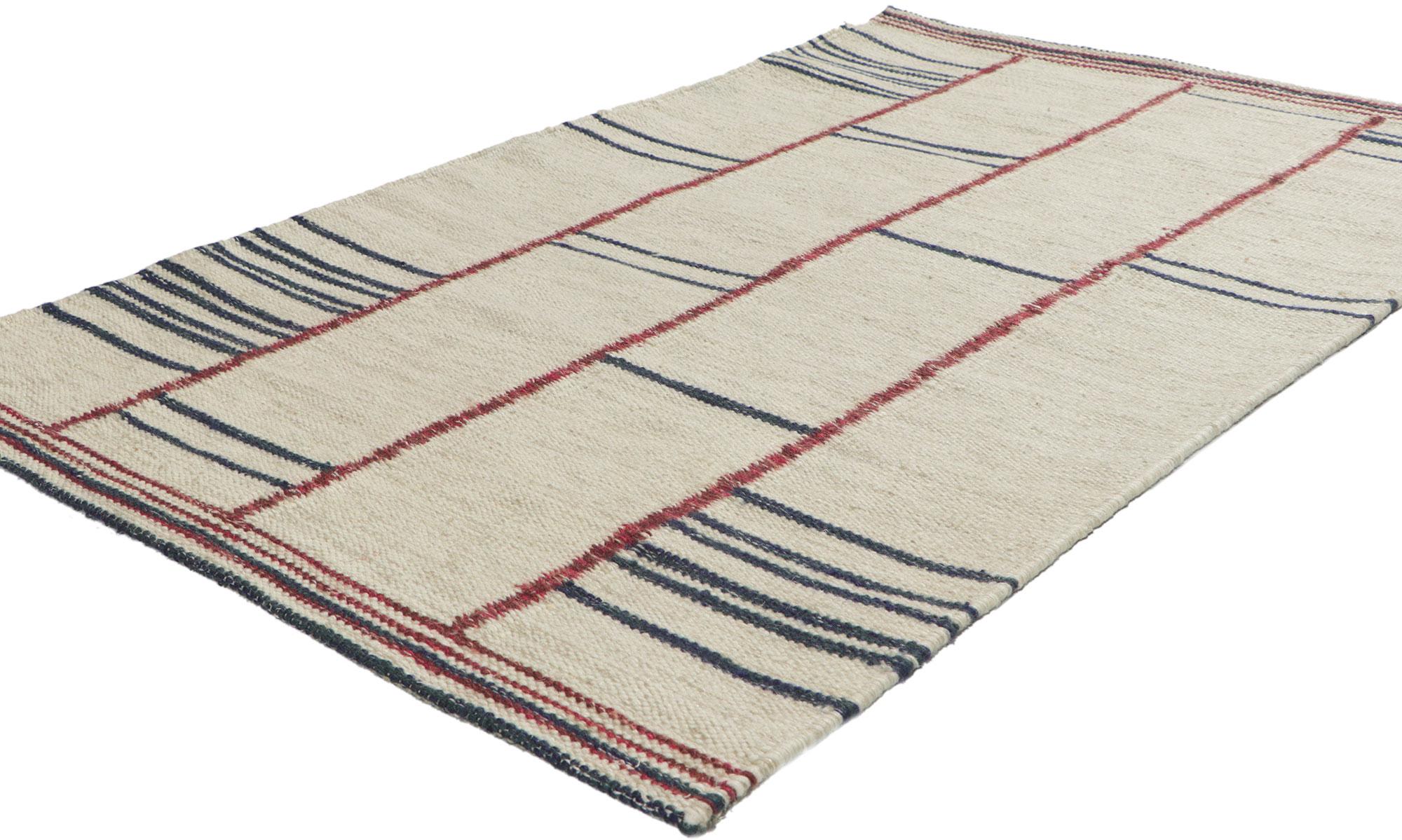 30806 New Swedish Inspired Kilim Rug 03'00 x 04'10. With its linear art form and well-balanced asymmetry, this hand-woven wool Swedish inspired Kilim rug provides a feeling of cozy contentment without the clutter. The abrashed oatmeal colored field